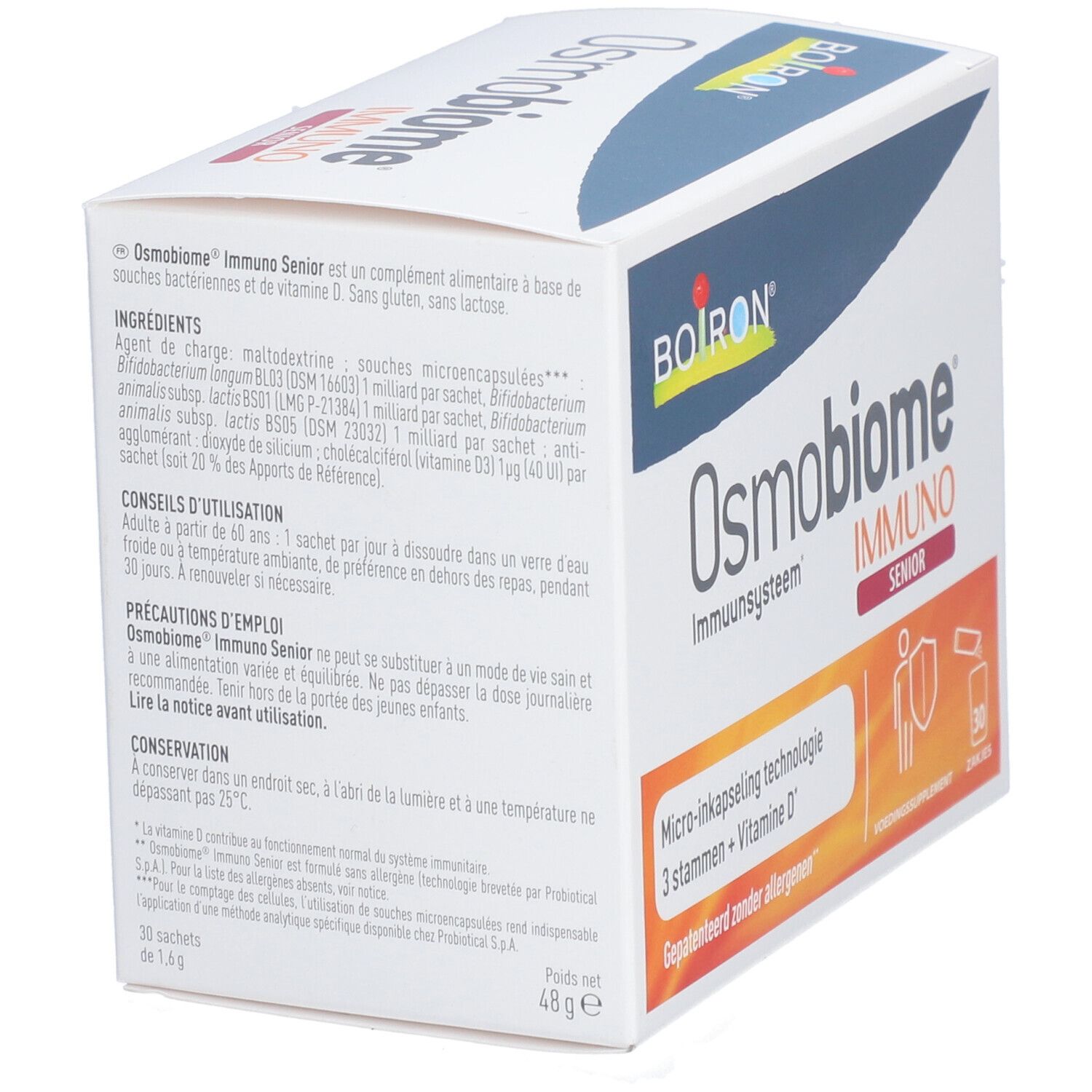 Doos Osmobiome Immuno Senior. Bevat 30 zakjes. Merk BOIRON.