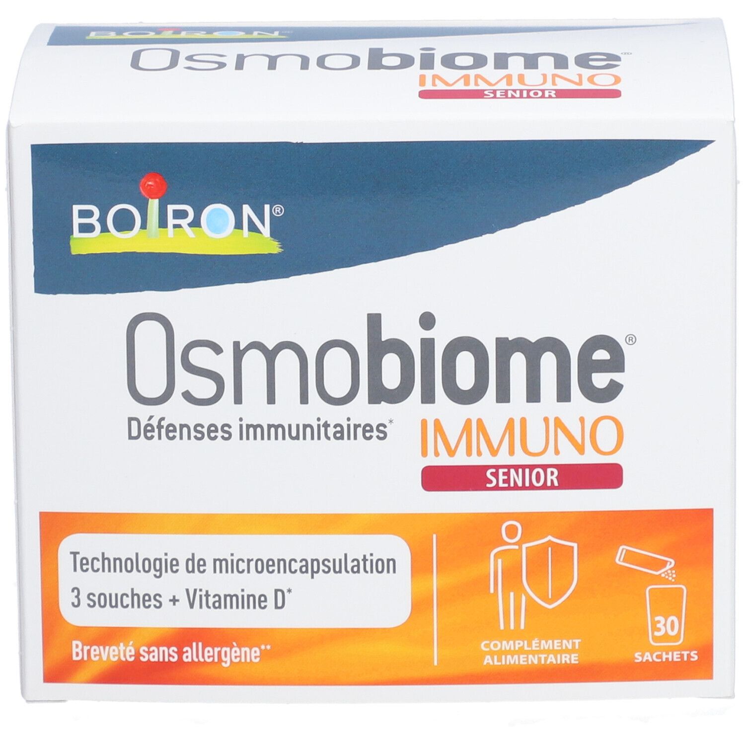 Doos Osmobiome Immuno Senior. Bevat 30 zakjes. Merk BOIRON.