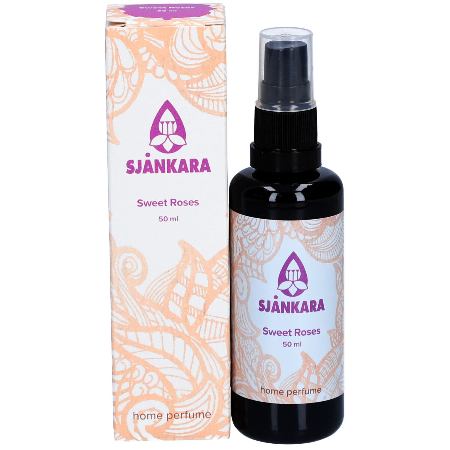 Zwarte spuitfles en verpakking. Opschrift: Sjankara Sweet Roses, 50 ml, Home Perfume.