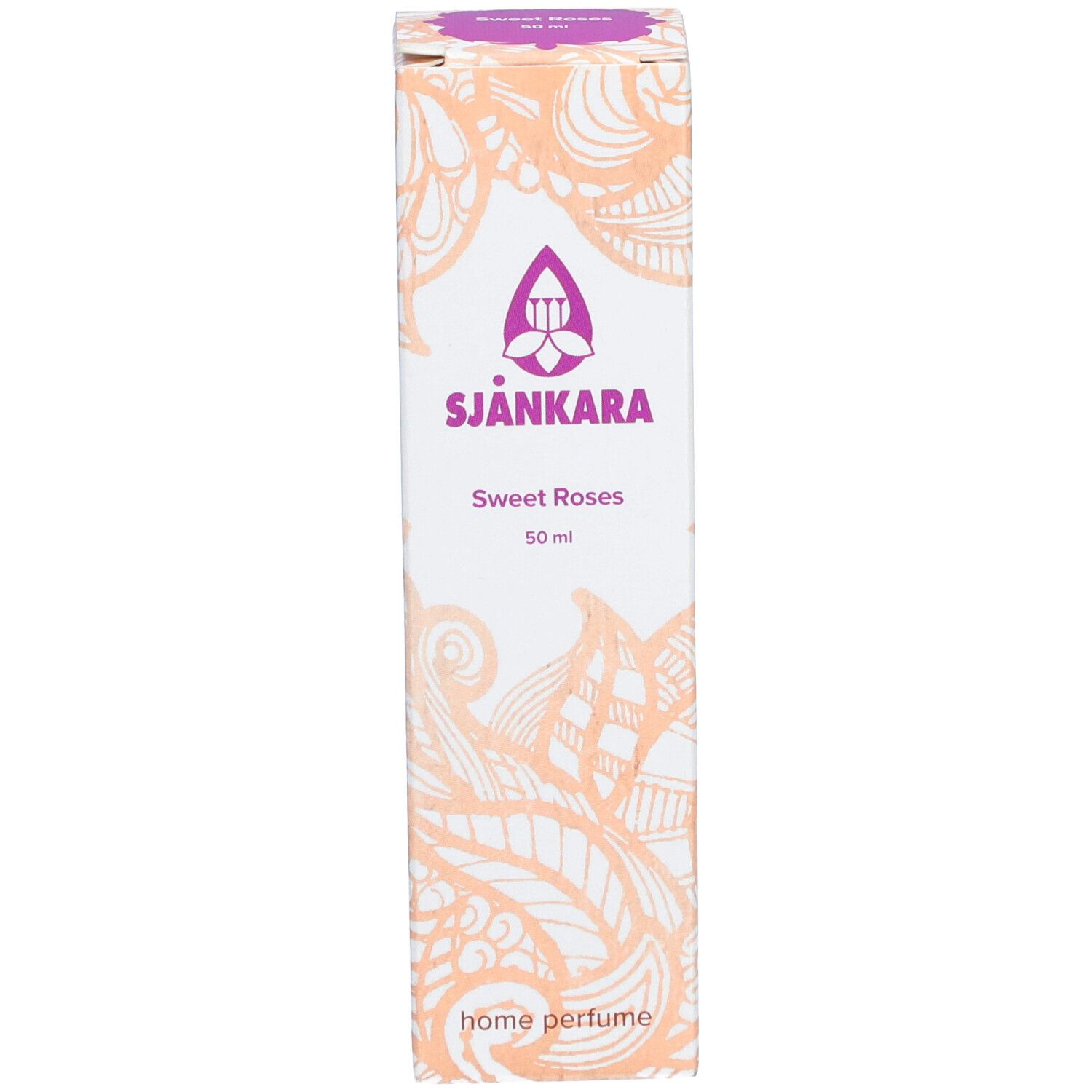 Verpakking met opschrift: Sjankara Sweet Roses, 50 ml, Home Perfume.