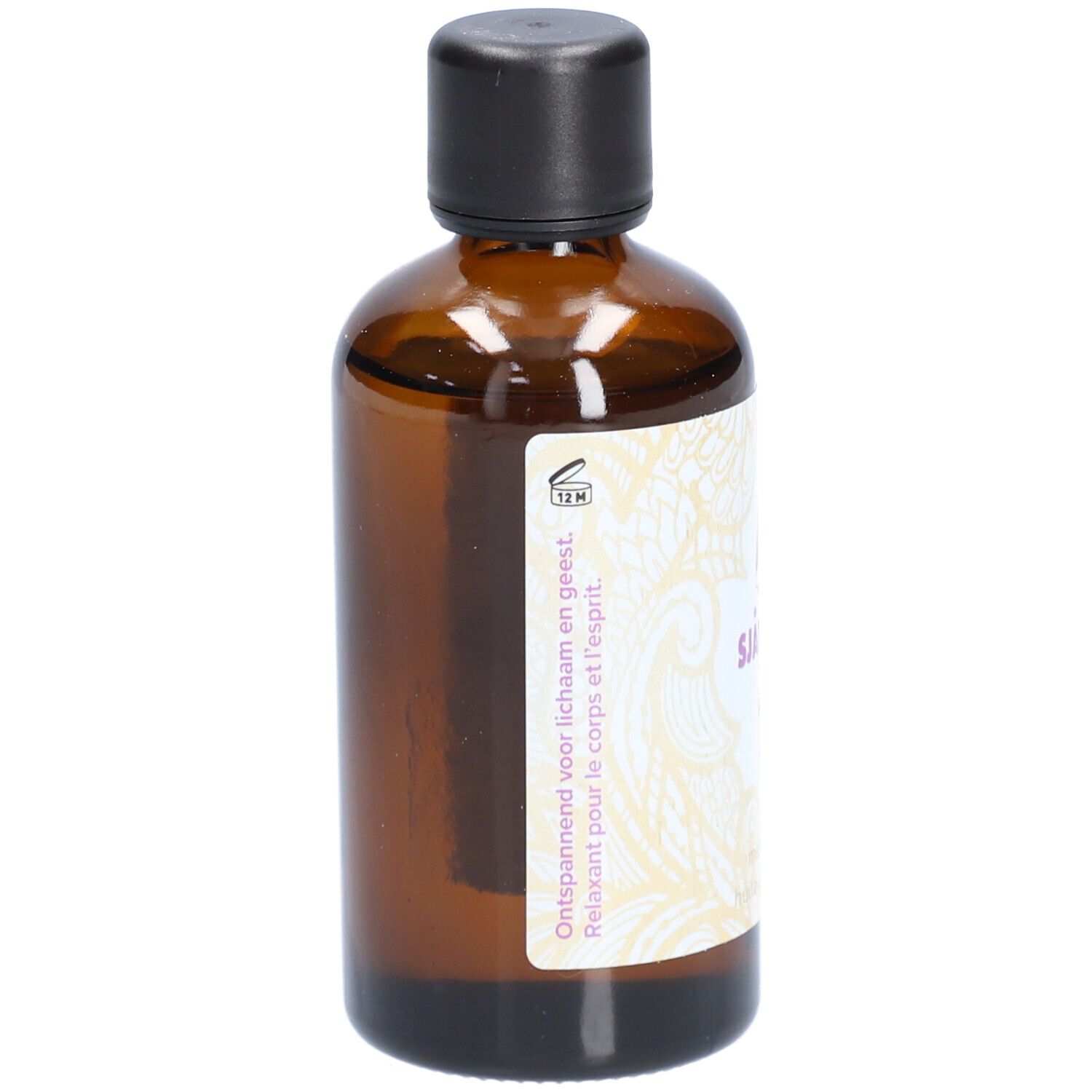 Bruine glazen fles met zwarte dop. Etiket met tekst. Massageolie.