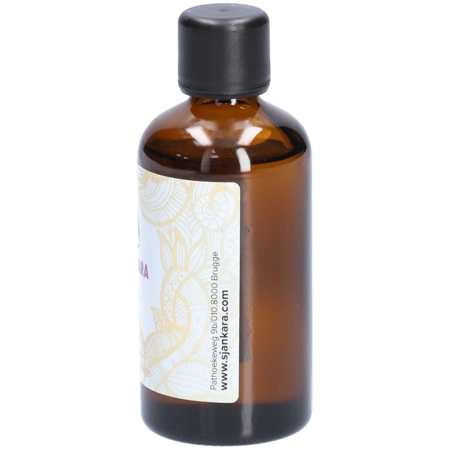 Bruine glazen fles met zwarte dop. Etiket met logo en tekst. Massageolie.