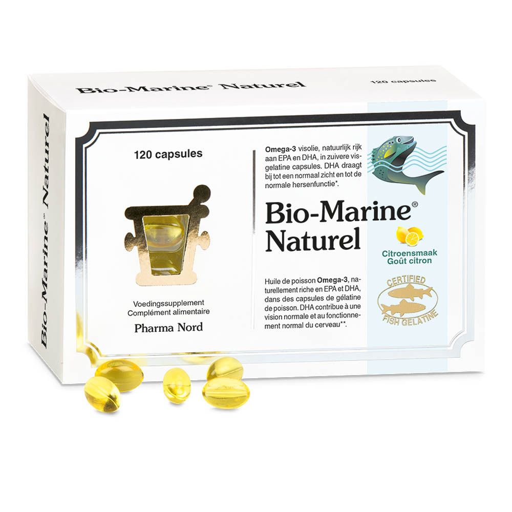 Witte doos met 'Bio-Marine Naturel Omega-3'. 120 capsules. Venster met capsules. Vislogo.