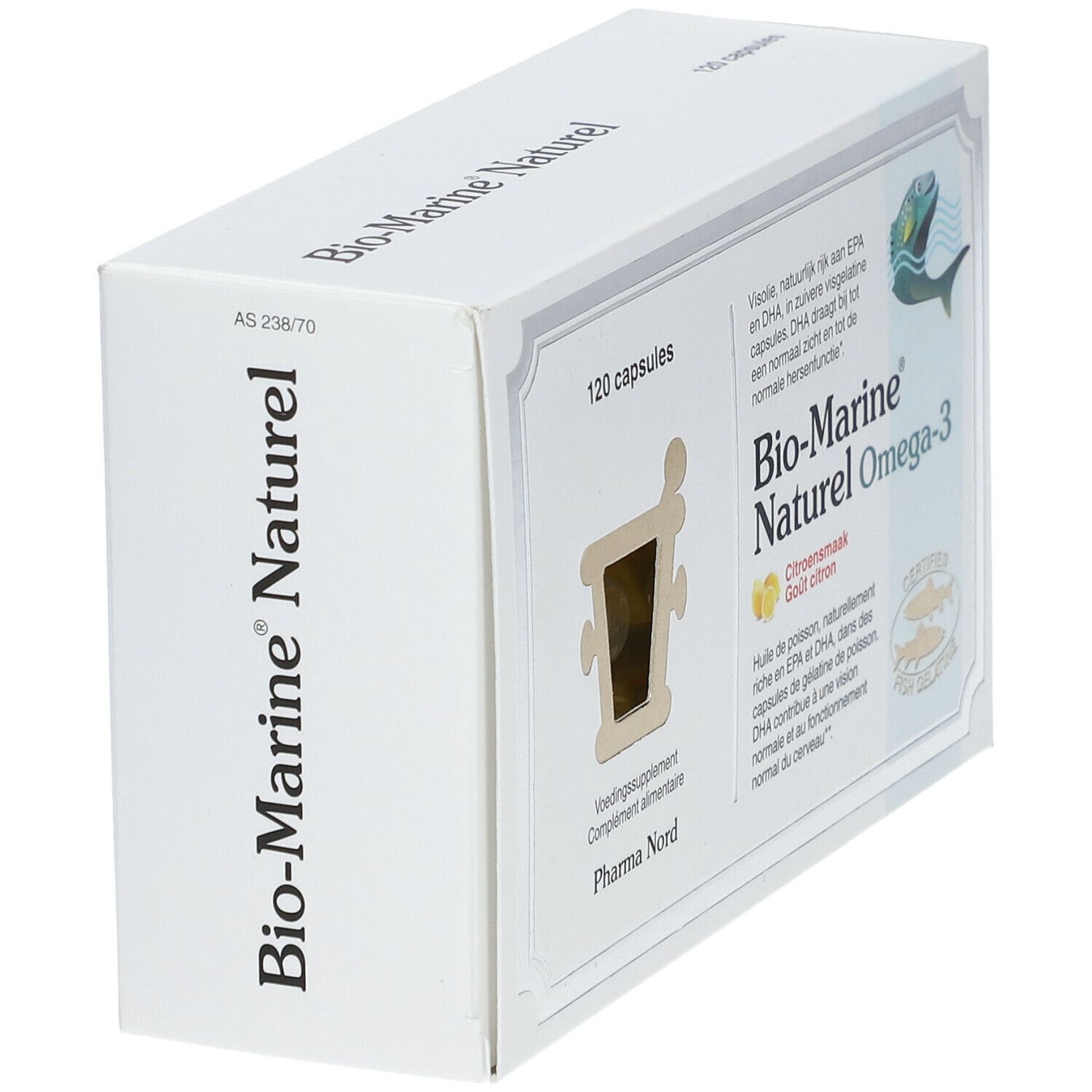 Weißer Karton mit „Bio-Marine Naturel“. Aufschrift „120 capsules“. Sichtfenster mit Kapsel. Fisch-Logo.
