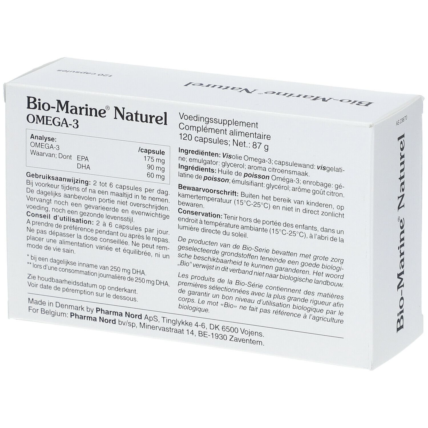 Rückseite des weißen Kartons. Text mit Inhaltsstoffen, Dosierung und Warnhinweisen. „Bio-Marine Naturel Omega-3“.