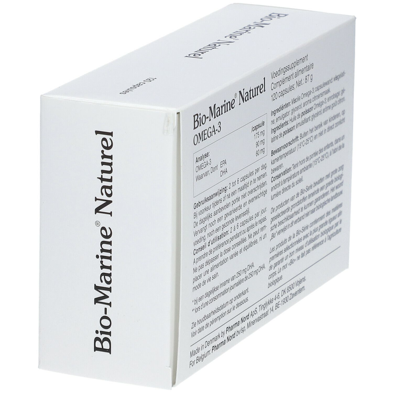 Rückseite des weißen Kartons. Text mit Inhaltsstoffen, Dosierung und Warnhinweisen. „Bio-Marine Naturel Omega-3“.