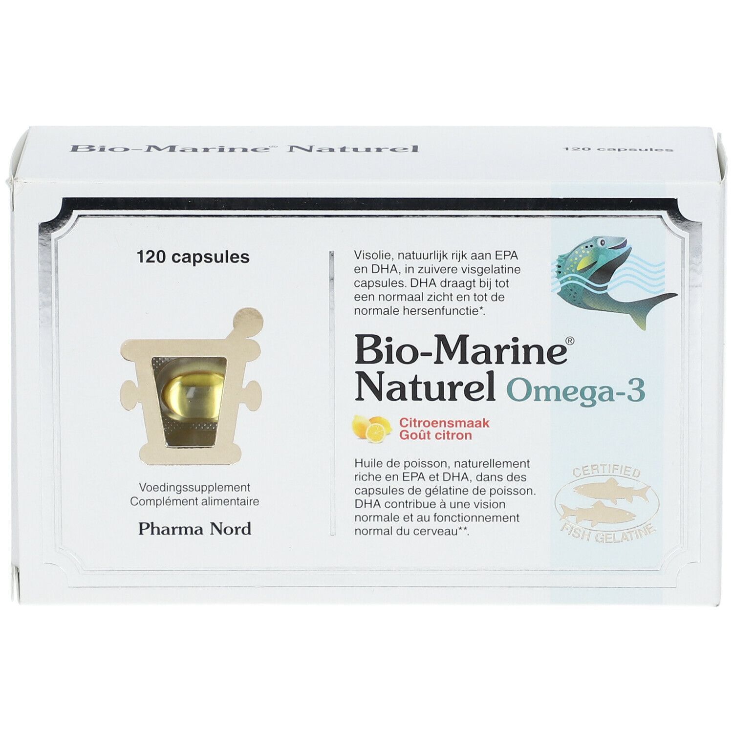 Weißer Karton mit „Bio-Marine Naturel Omega-3“. 120 Kapseln. Sichtfenster mit Kapsel. Fisch-Logo.