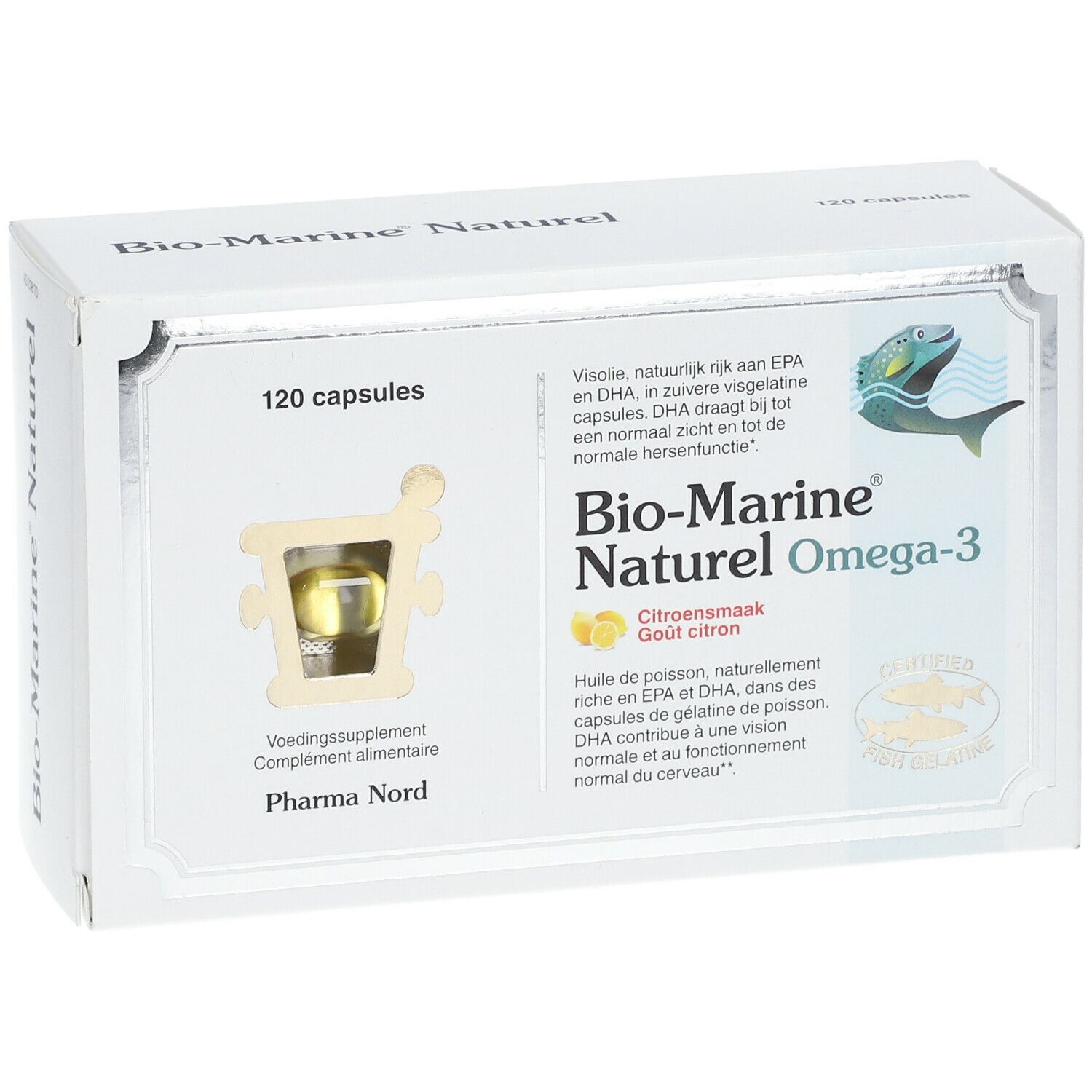 Weißer Karton mit „Bio-Marine Naturel Omega-3“. 120 Kapseln. Sichtfenster mit Kapsel. Fisch-Logo.