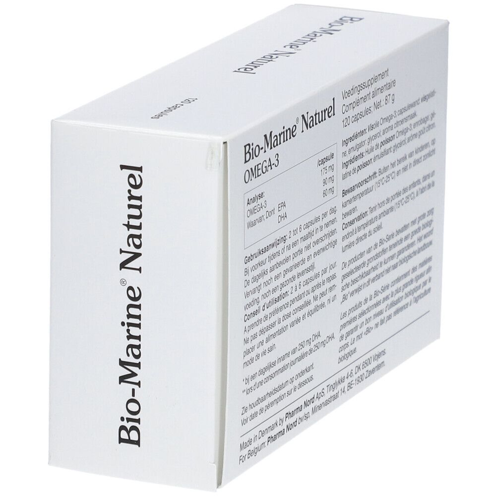 Achterkant van de witte doos. Tekst met ingrediënten, dosering en waarschuwingen. 'Bio-Marine Naturel Omega-3'.