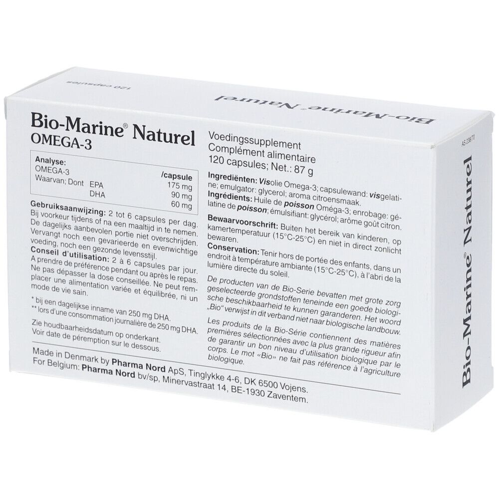 Achterkant van de witte doos. Tekst met ingrediënten, dosering en waarschuwingen. 'Bio-Marine Naturel Omega-3'.