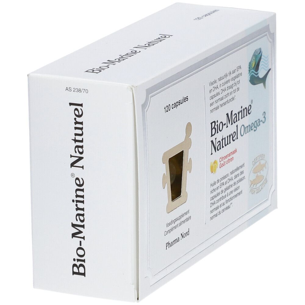 Witte doos met 'Bio-Marine Naturel'. Opschrift '120 capsules'. Venster met capsule. Vislogo.