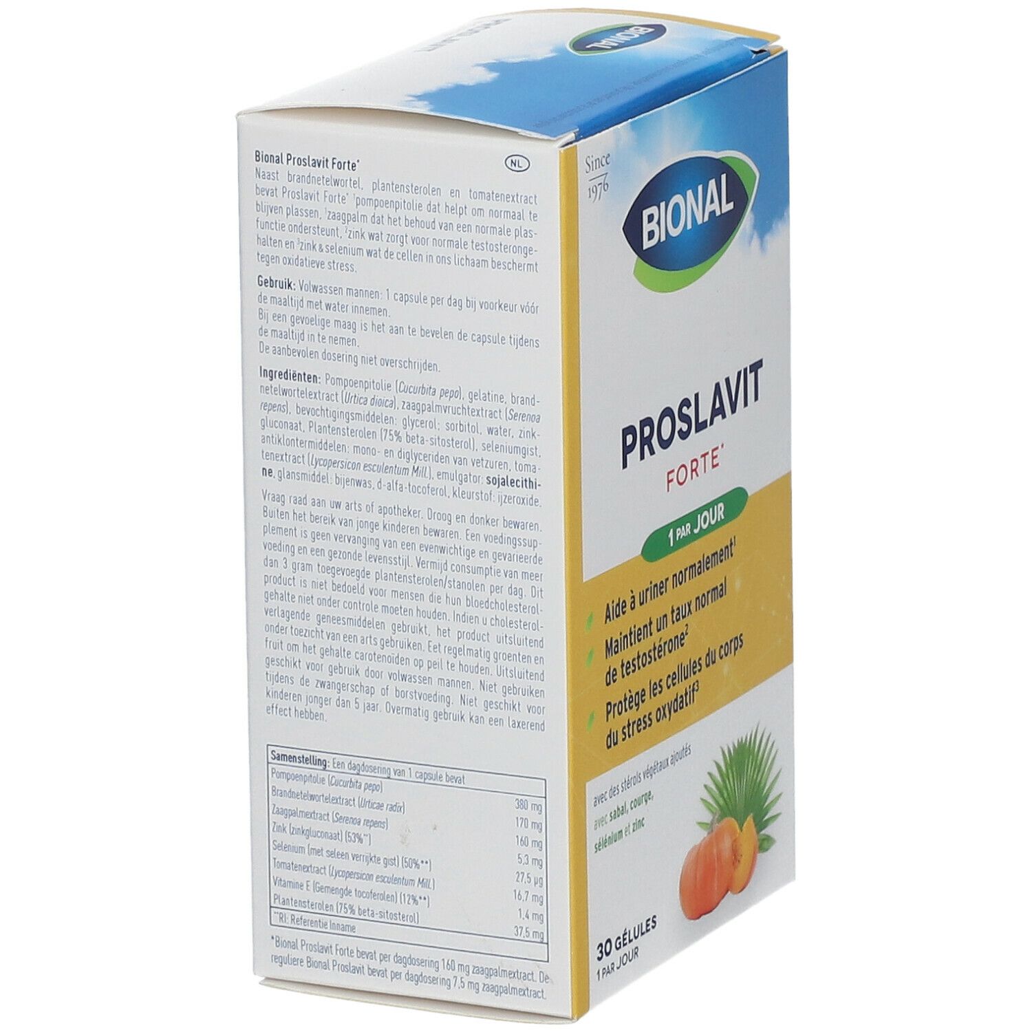 Verpakking van Bional Proslavit Forte. Info en ingrediënten. Bevat 30 capsules.