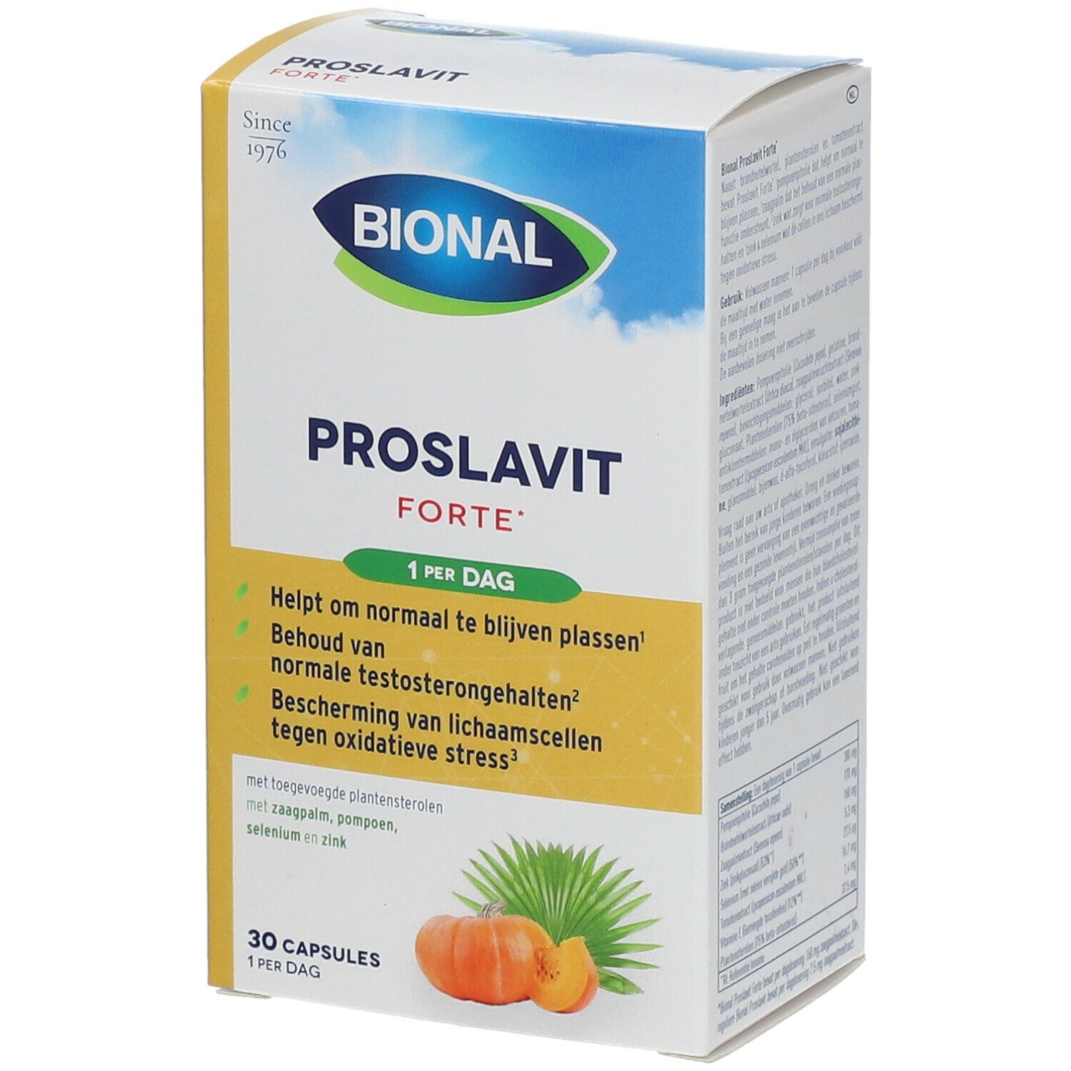 Verpakking van Bional Proslavit Forte. Naam, logo en info. Bevat 30 capsules.