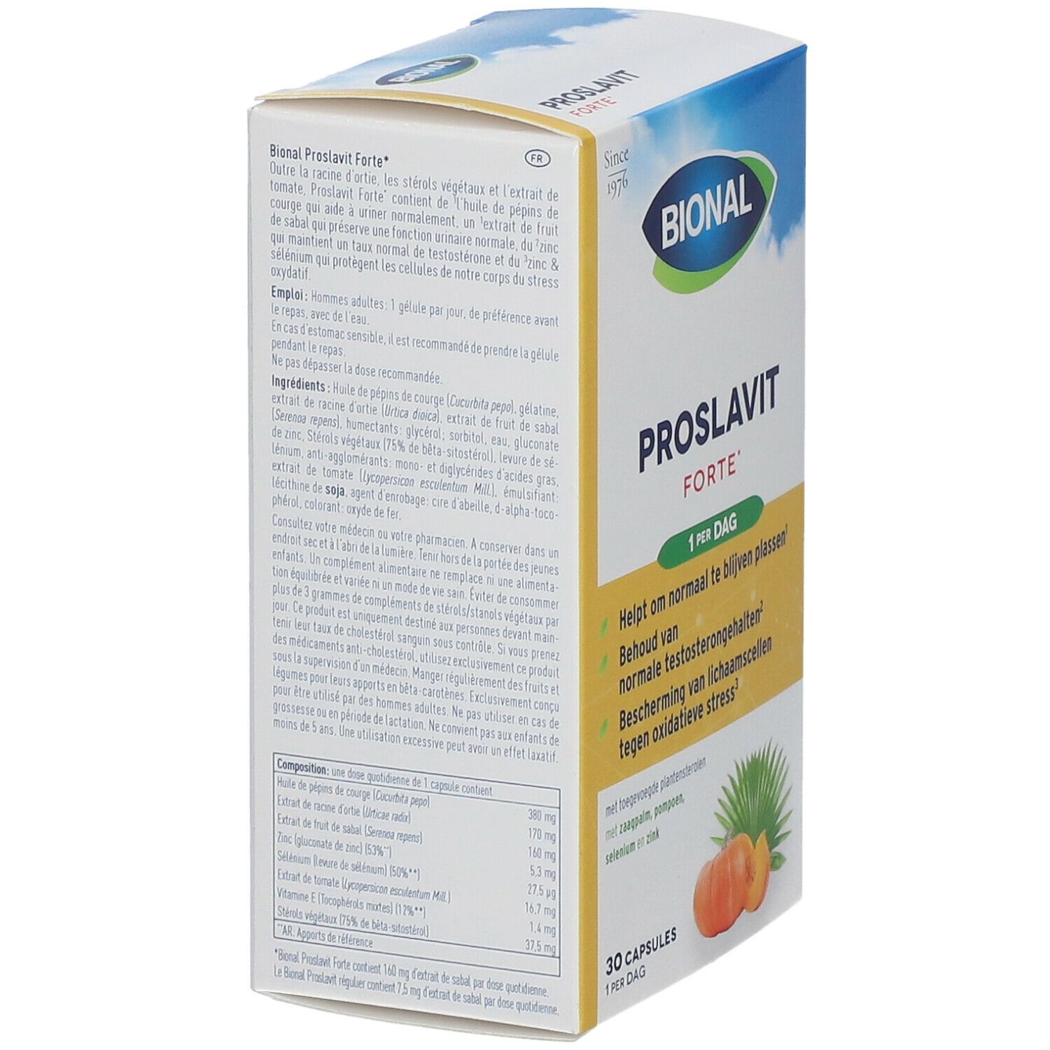 Verpakking van Bional Proslavit Forte. Info en ingrediënten. Bevat 30 capsules.