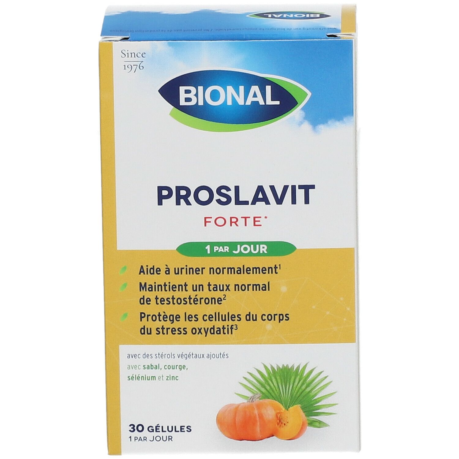 Verpakking van Bional Proslavit Forte. Naam, logo en info. Bevat 30 capsules.