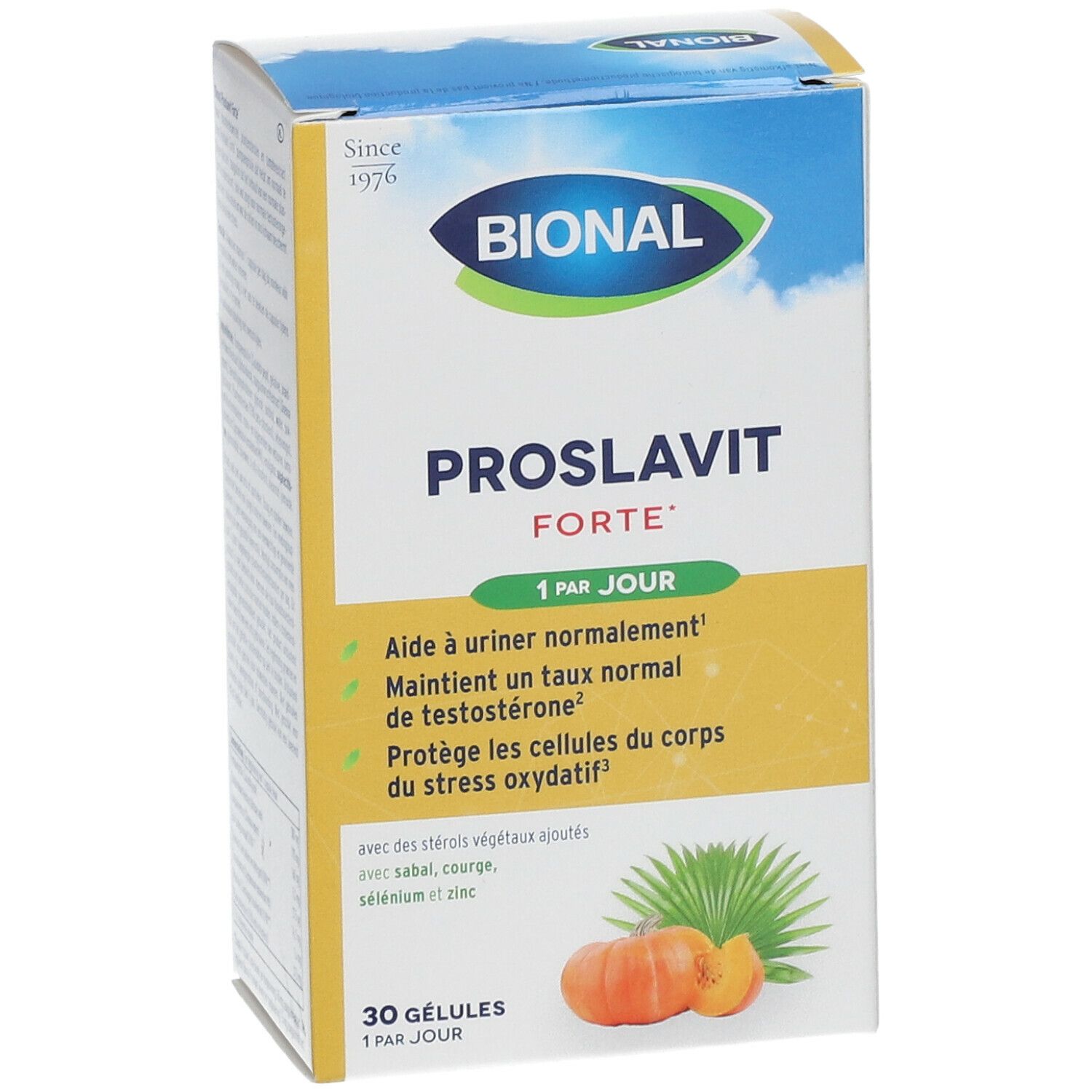 Verpakking van Bional Proslavit Forte. Naam, logo en info. Bevat 30 capsules.