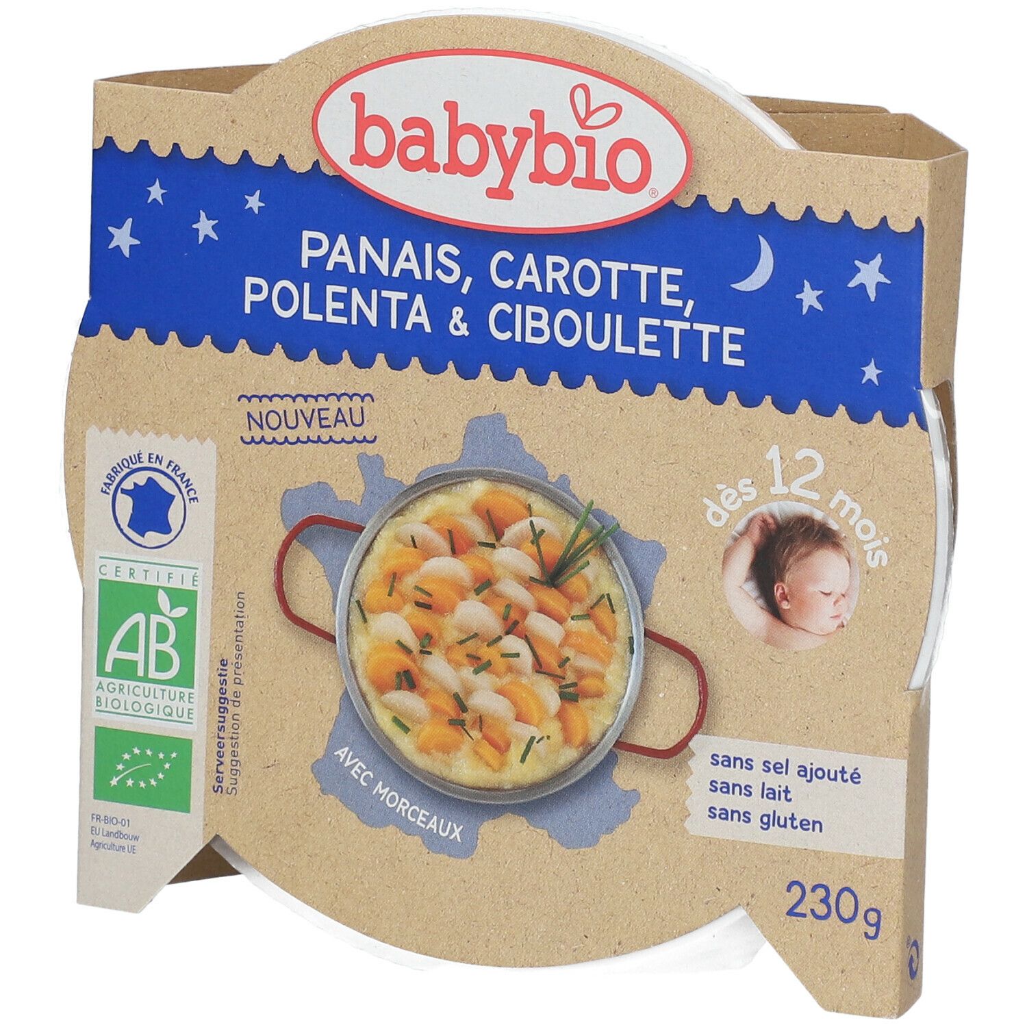 Emballage Babybio, panais, carotte, polenta & ciboulette, dès 12 mois. Label AB bio. Visuel du produit.
