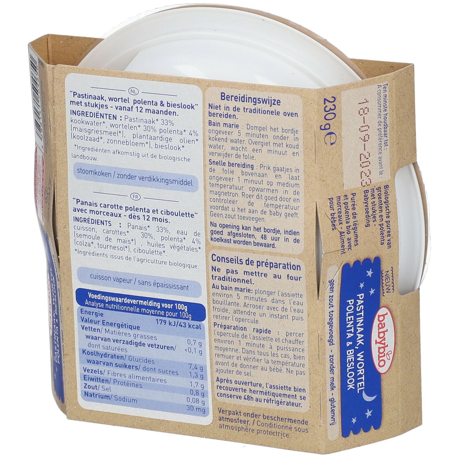 Dos de l'emballage Babybio. Liste des ingrédients, instructions de préparation et informations nutritionnelles.