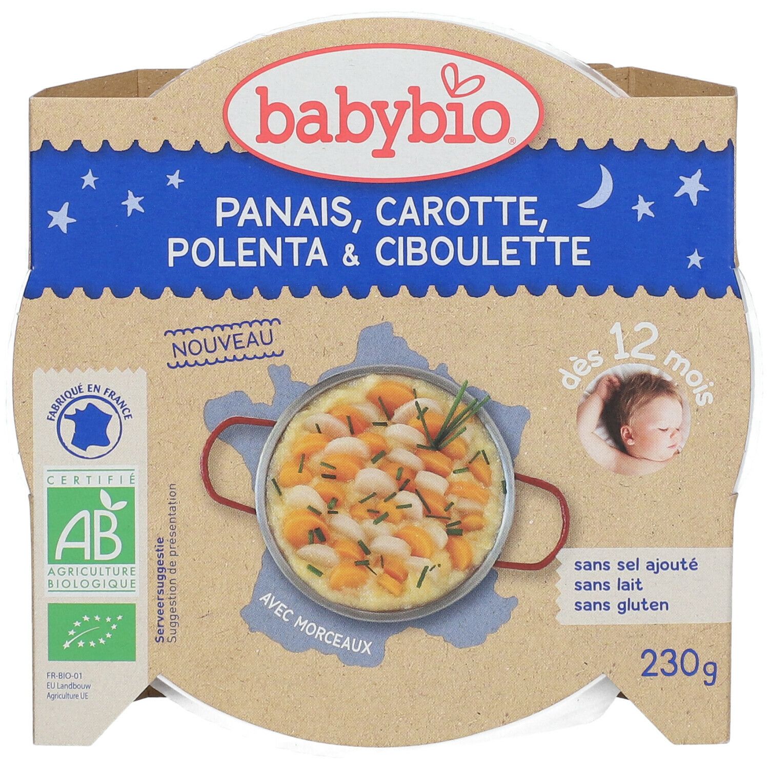 Emballage Babybio, panais, carotte, polenta & ciboulette, dès 12 mois. Visuel, label AB bio, 230g.