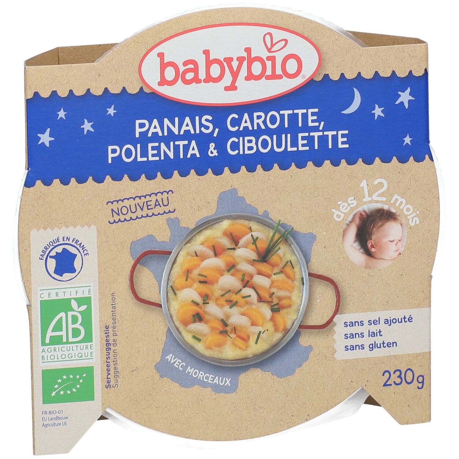 Emballage Babybio, panais, carotte, polenta & ciboulette, dès 12 mois. Visuel, label AB bio, 230g.
