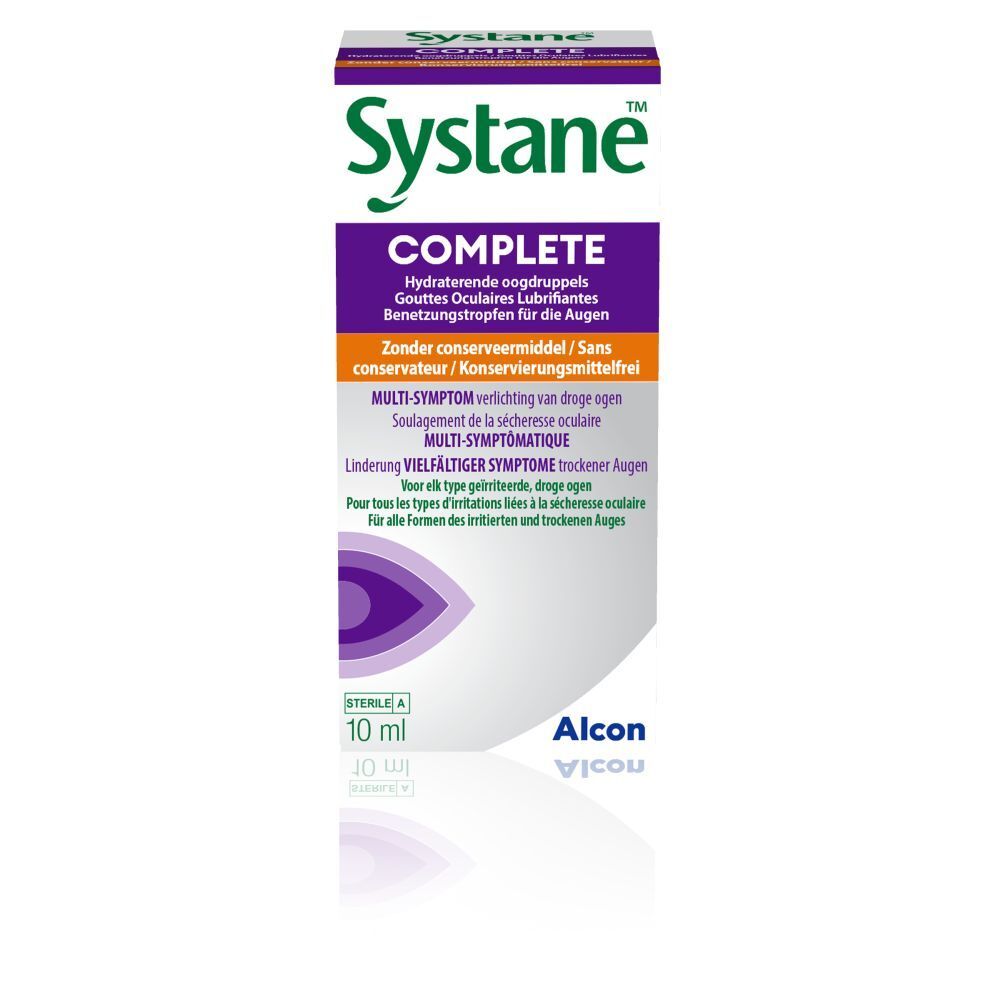 Witte fles met "Systane COMPLETE" logo, oogdruppel illustratie en tekst. 10 ml, Alcon.