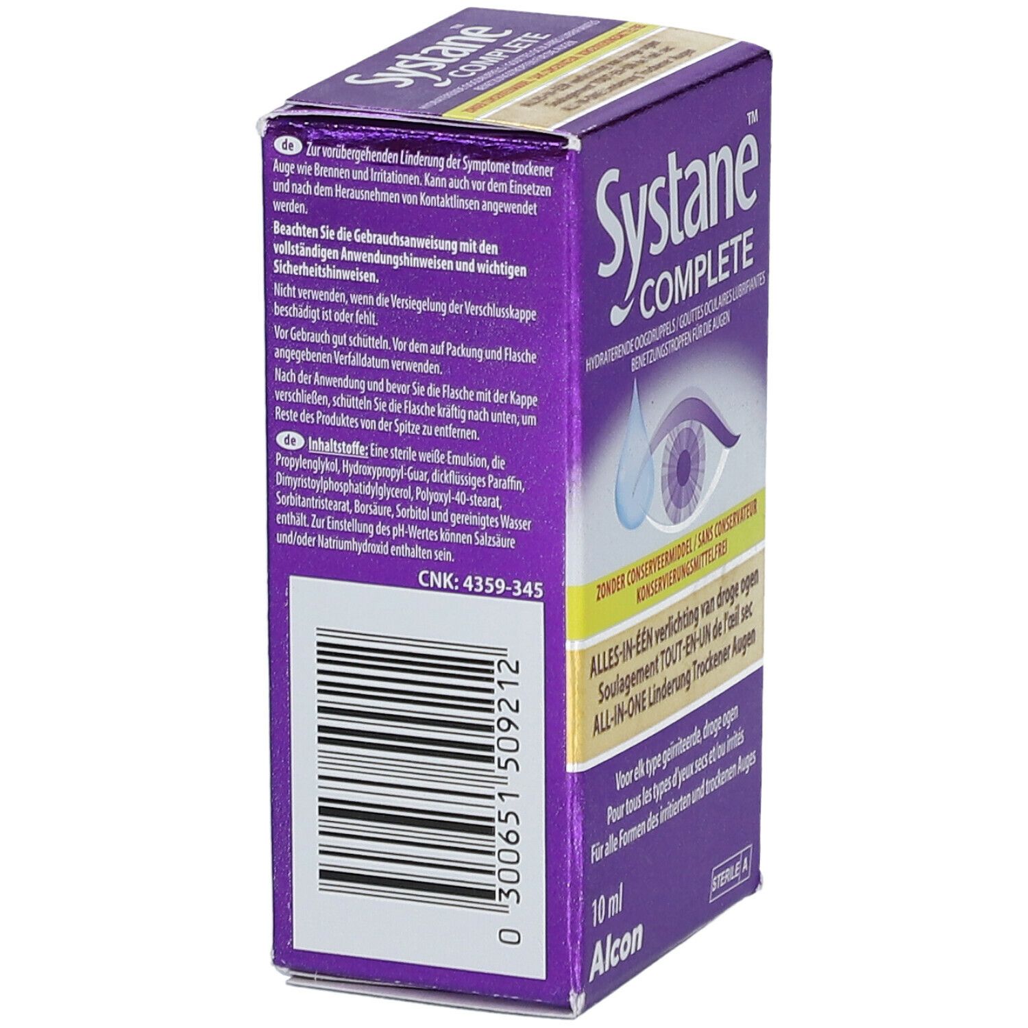 Doos met "Systane COMPLETE" logo, oogdruppel illustratie en tekst. Achterkant met barcode en ingrediënten. 10 ml, Alcon.
