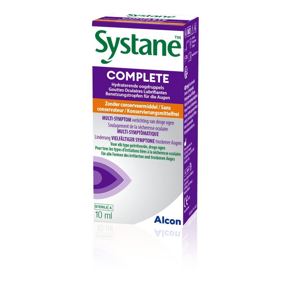 Witte fles met "Systane COMPLETE" logo, oogdruppel illustratie en tekst. 10 ml, Alcon.