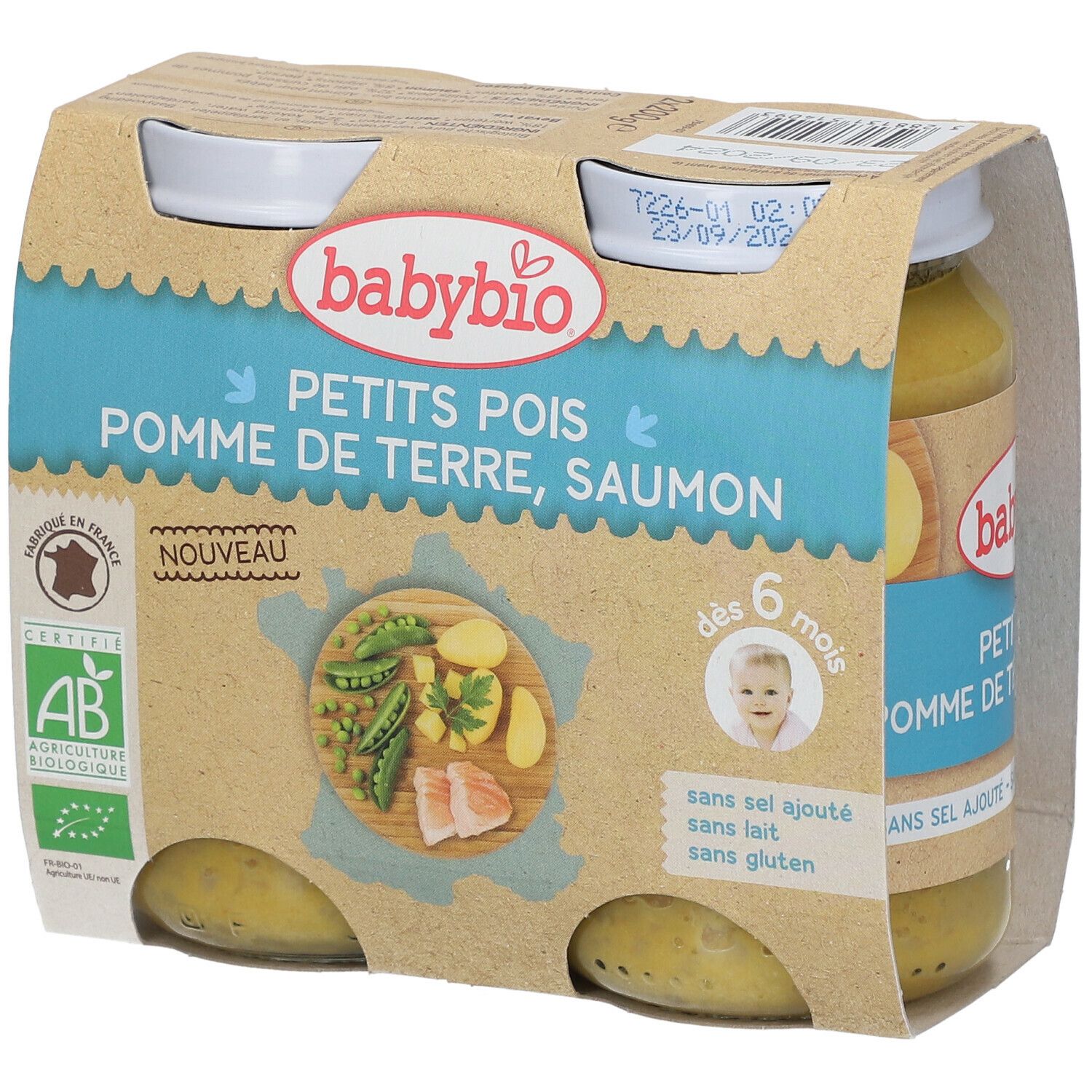 Boîte de 4 pots de nourriture pour bébé. Inscription: PETITS POIS POMME DE TERRE, SAUMON. Label AB. Dès 6 mois.