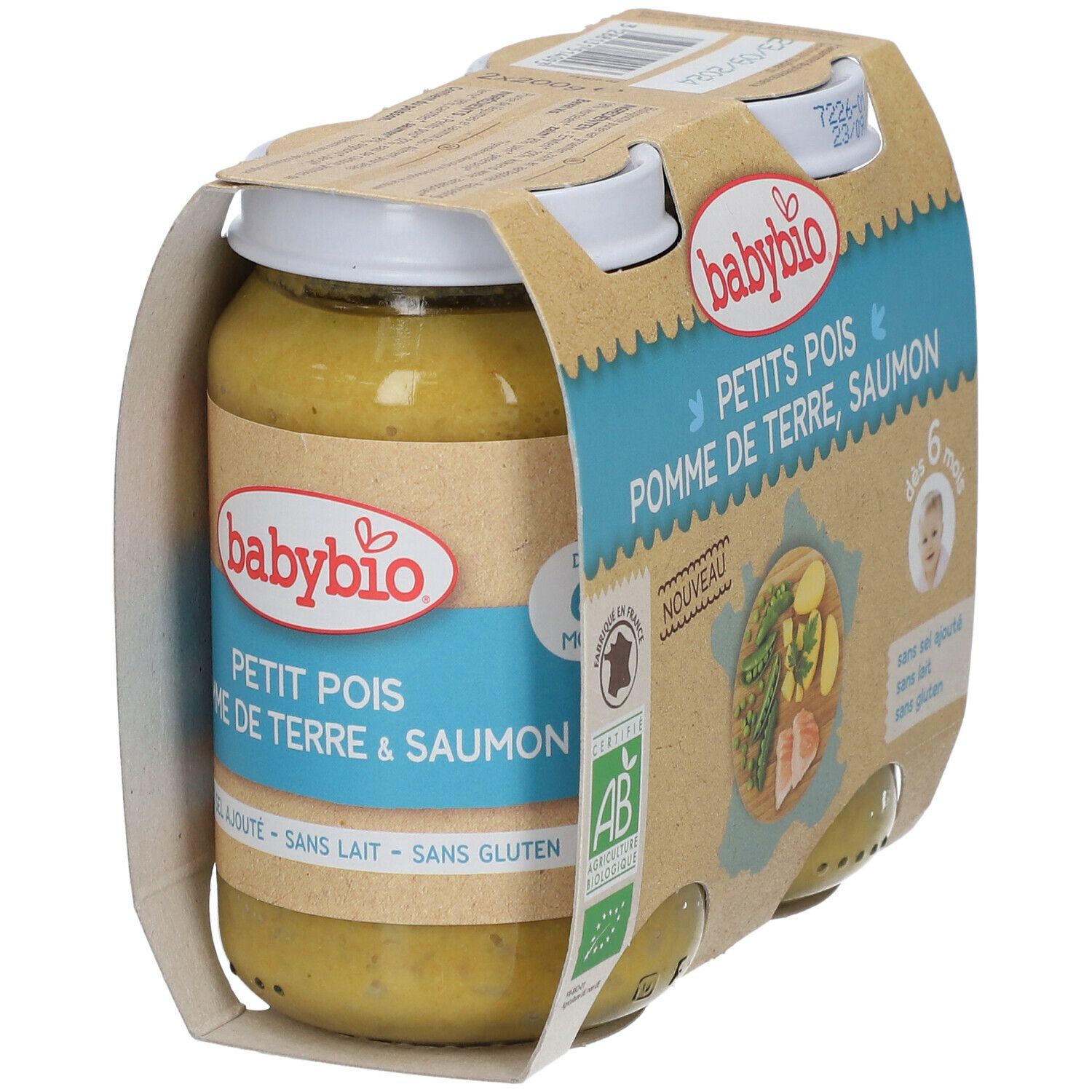 Pot de nourriture pour bébé. Inscription: PETIT POIS POMME DE TERRE & SAUMON. Label AB. Sans lait, sans gluten.