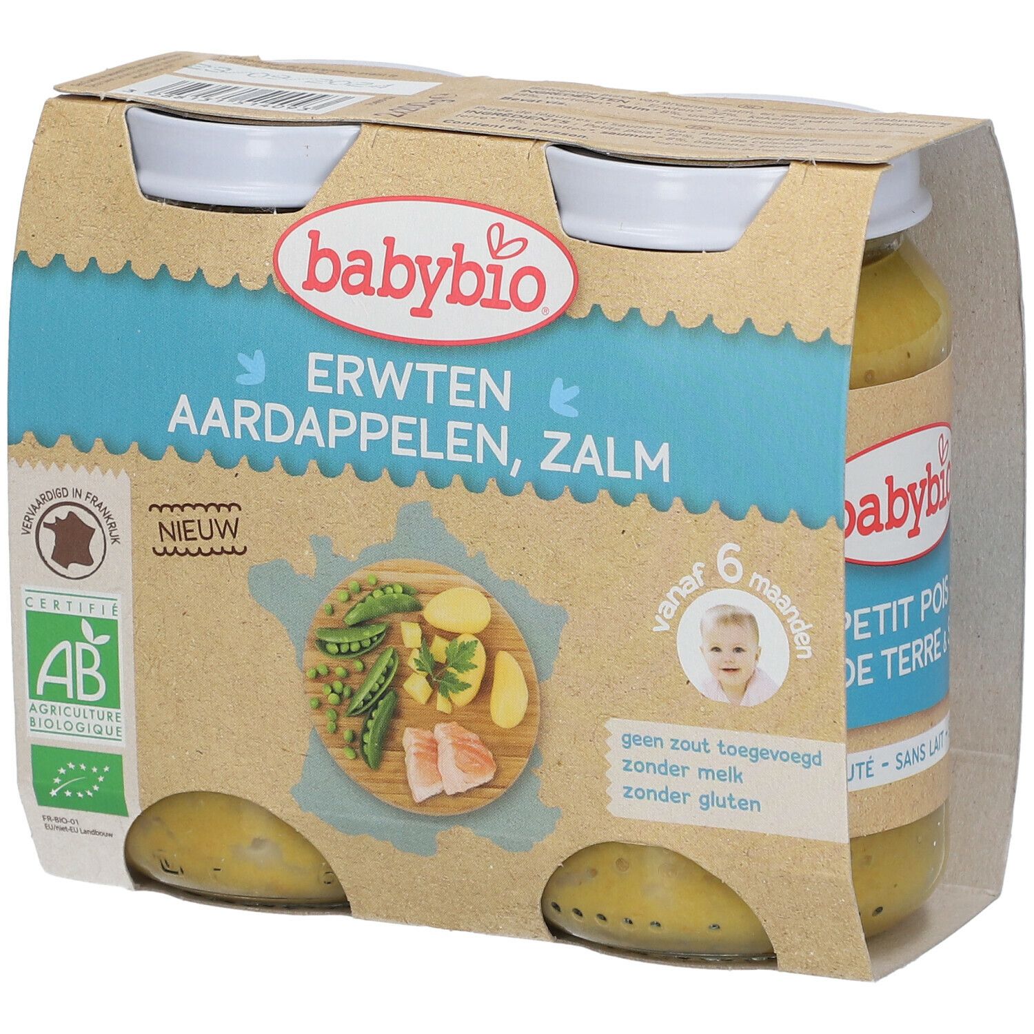 Boîte de 4 pots de nourriture pour bébé. Inscription: ERWTEN AARDAPPELEN, ZALM. Label AB. Dès 6 mois.