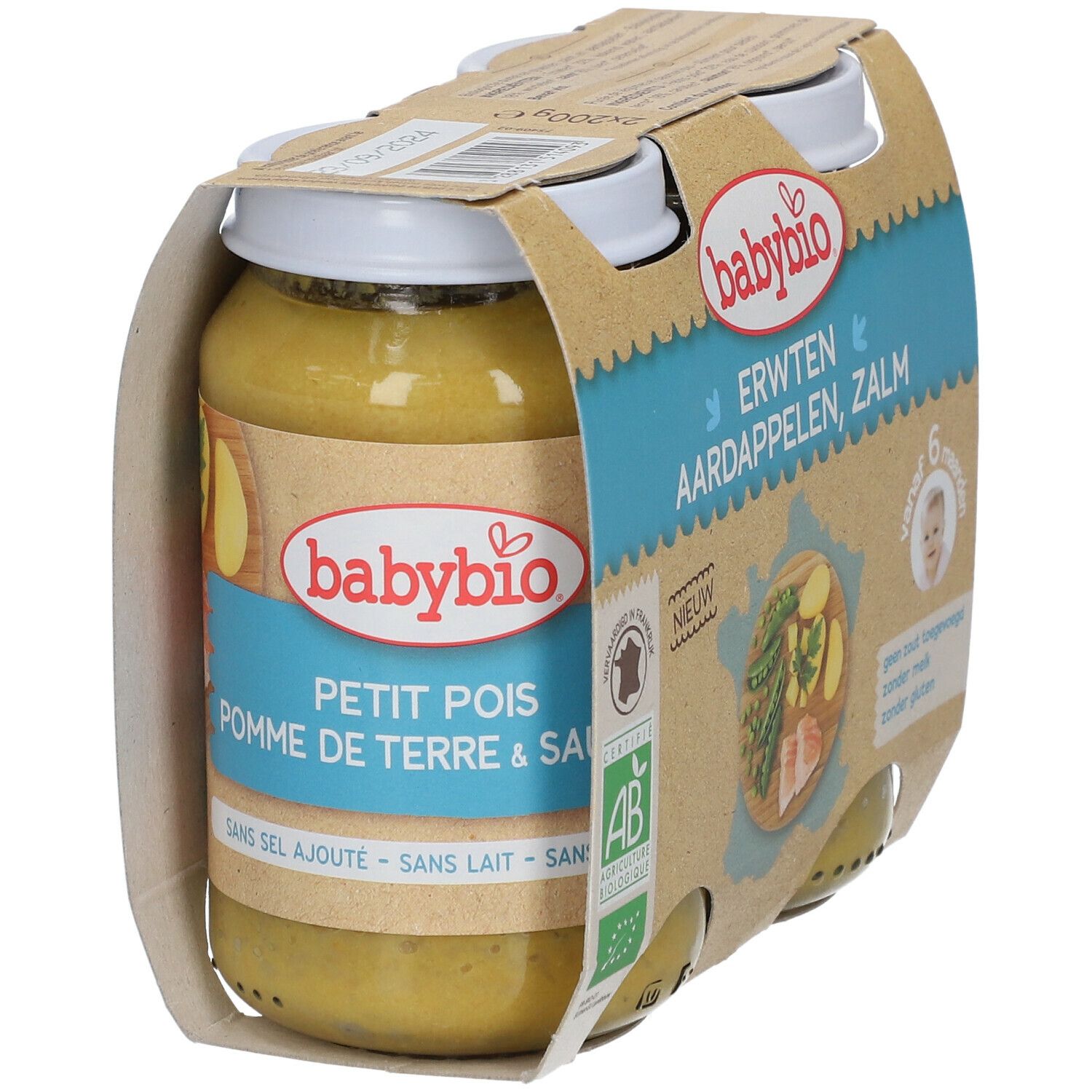 Pot de nourriture pour bébé. Inscription: ERWTEN AARDAPPELEN, ZALM. Label AB. Sans lait, sans gluten.