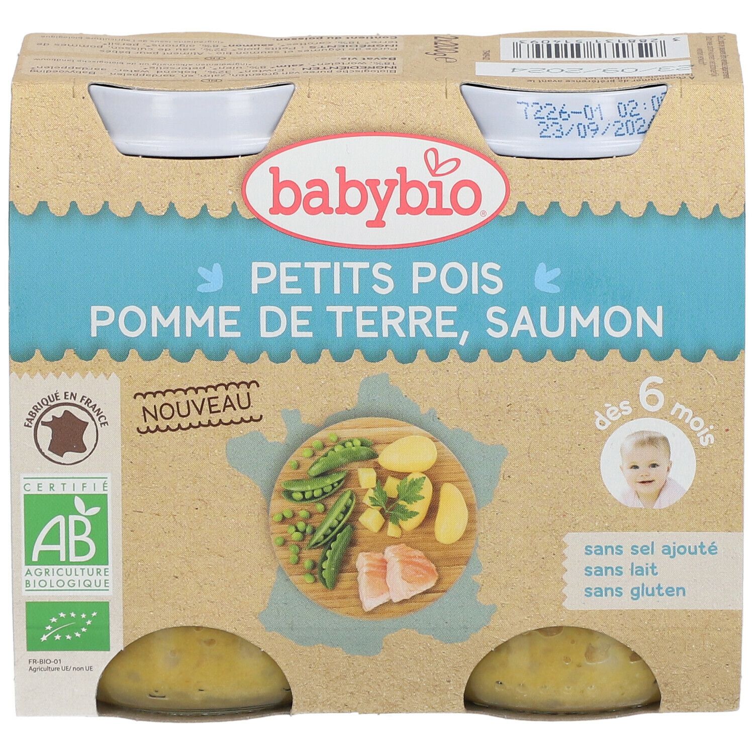 Boîte de 4 pots de nourriture pour bébé. Inscription: PETITS POIS POMME DE TERRE, SAUMON. Label AB. Dès 6 mois.
