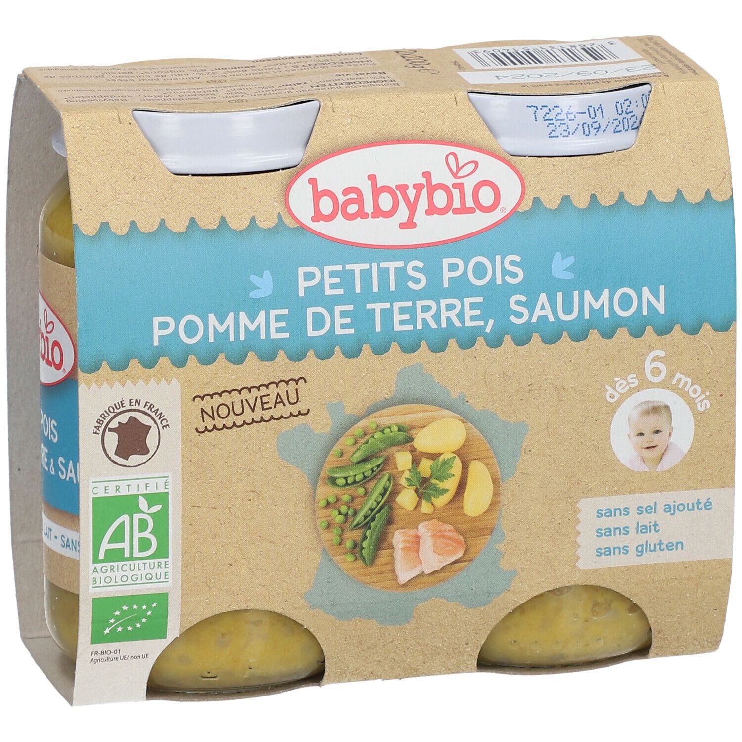 Boîte de 4 pots de nourriture pour bébé. Inscription: PETITS POIS POMME DE TERRE, SAUMON. Label AB. Dès 6 mois.