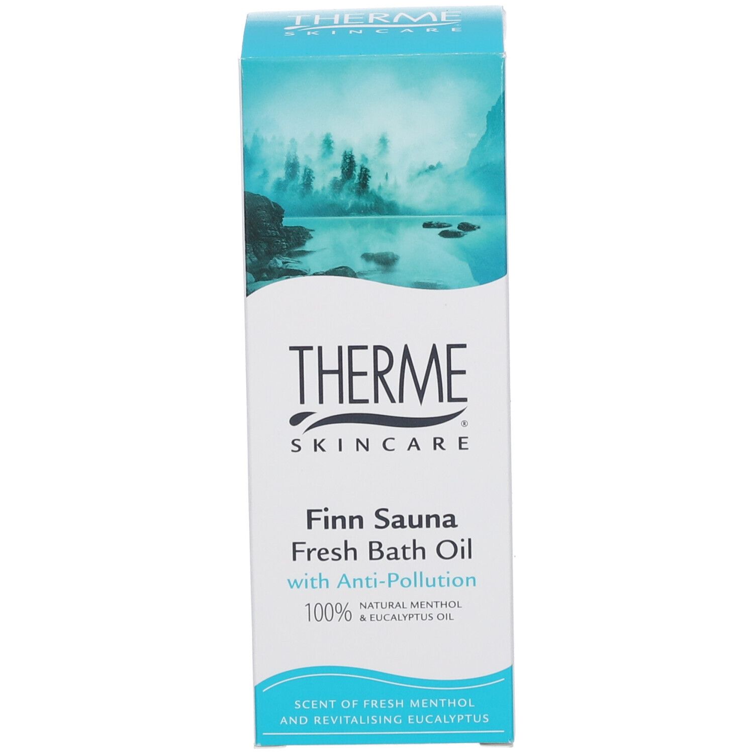 Verpakking: Therme, Finn Sauna Fresh Bath Oil. Landschap. Tekst: Scent of fresh menthol and revitalising eucalyptus.