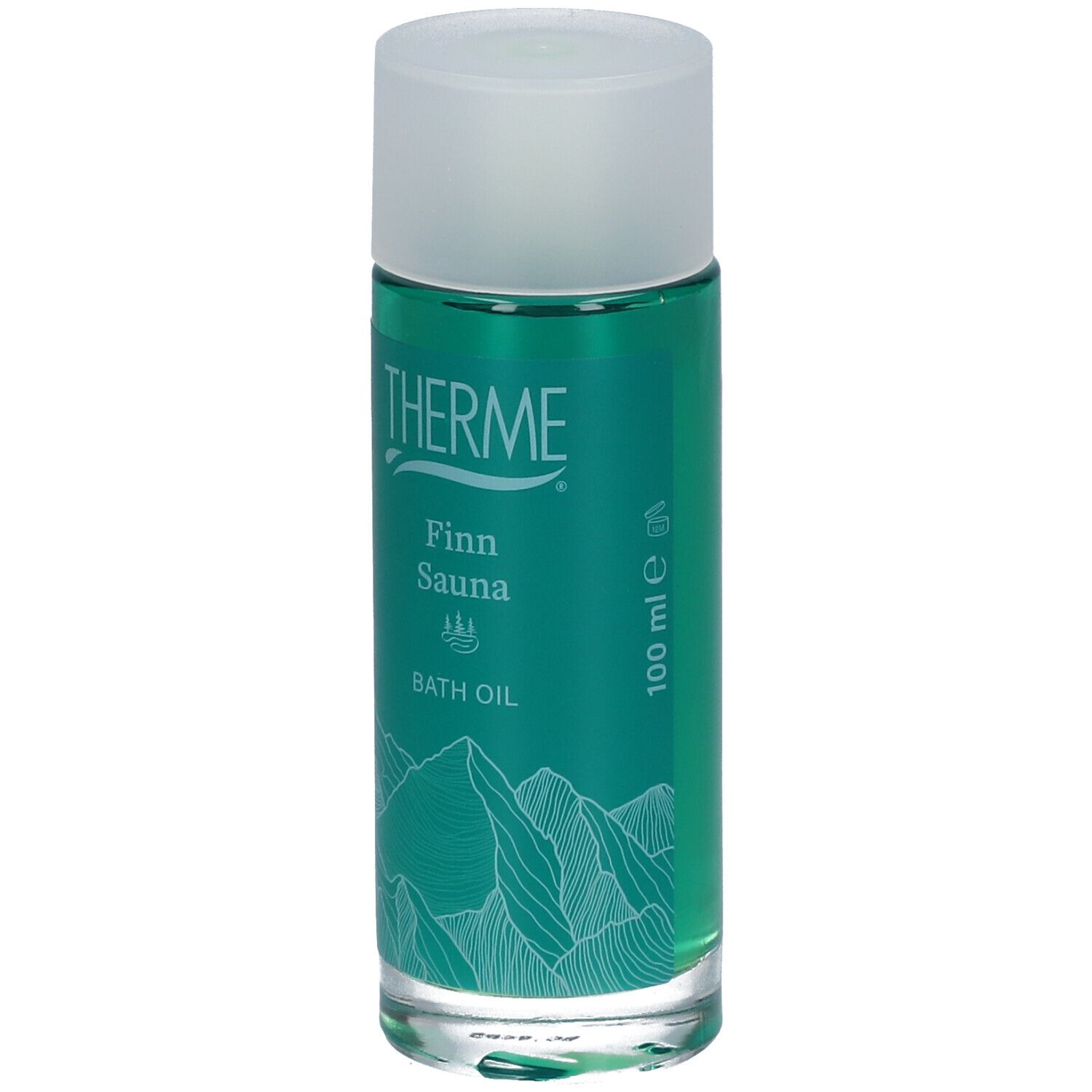 Cilindrische fles met groene vloeistof en witte dop. Opschrift: Therme, Finn Sauna Bath Oil. Bergmotief.