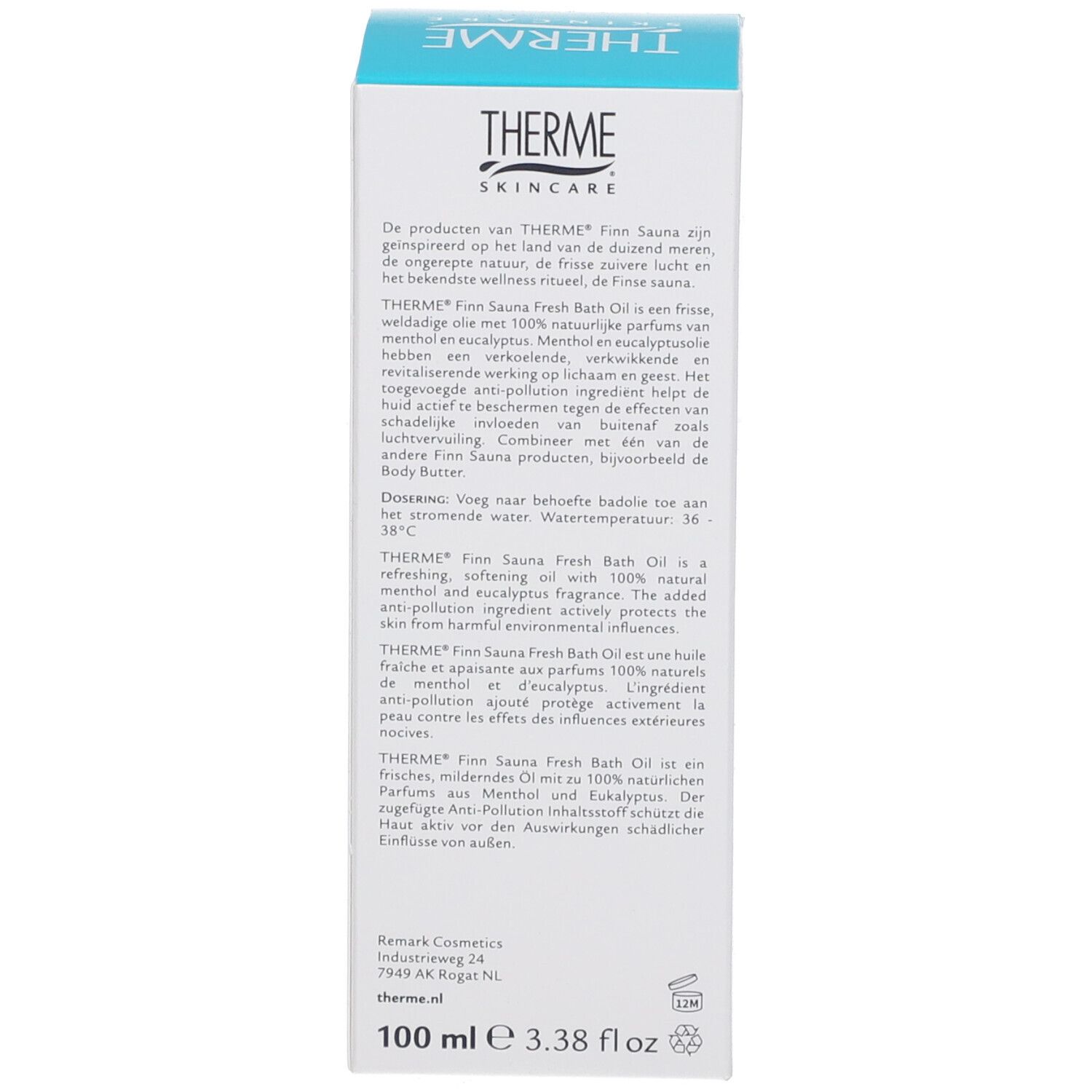 Verpakking: Therme Finn Sauna Fresh Bath Oil. Meertalige tekst. Ingrediënten, instructies.