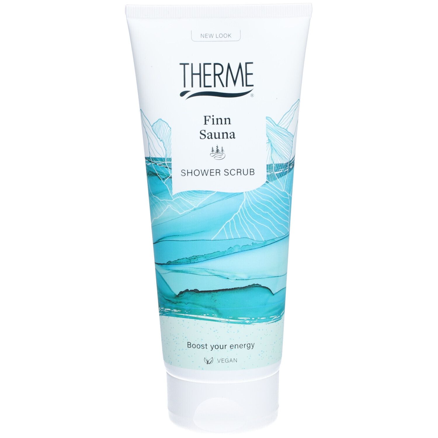 Witte tube met THERME-logo en "Finn Sauna Shower Scrub". Blauwe aquarel illustraties.