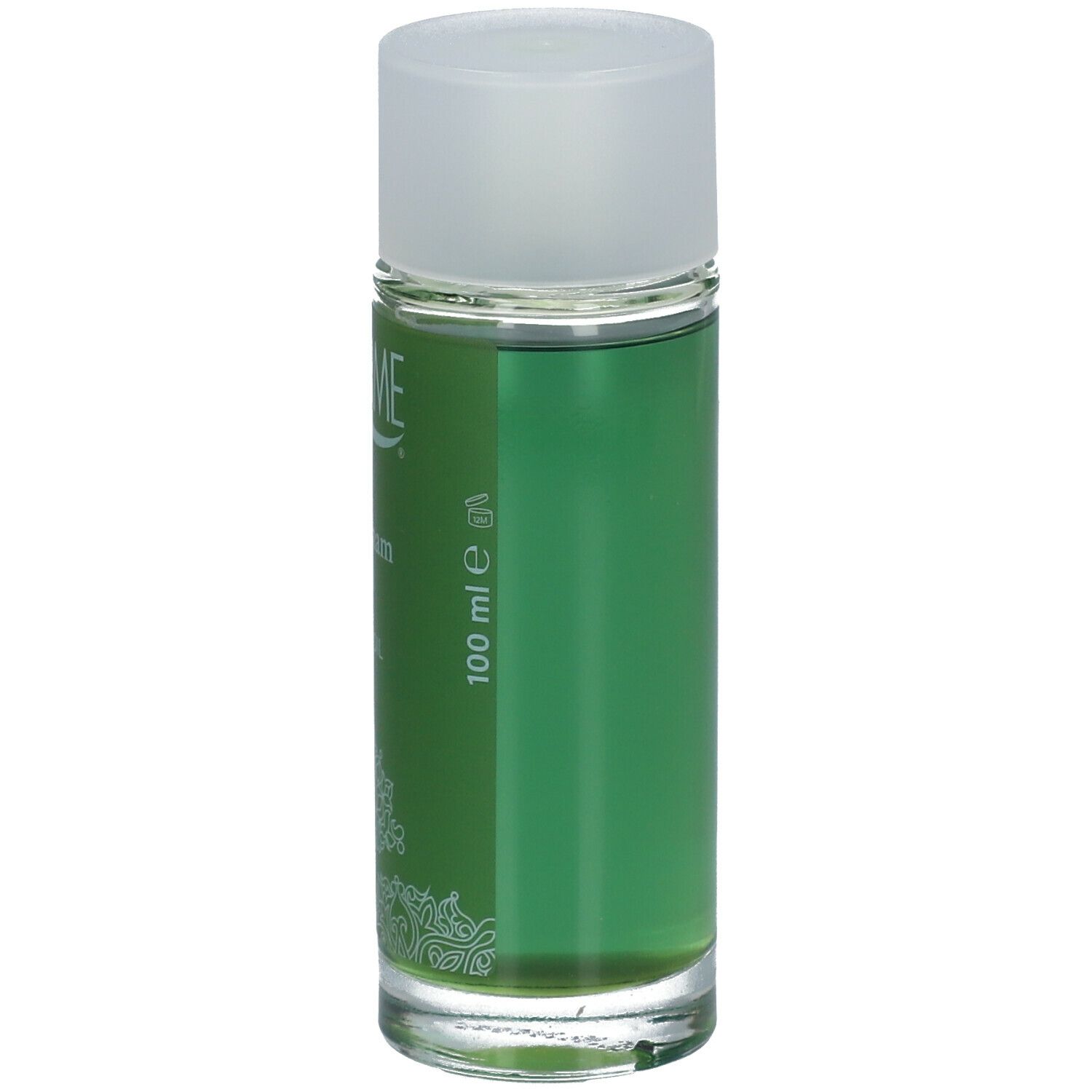 Groene vloeistof in cilindrische glazen fles met witte dop. Opschrift: THERME, Hammam Bath Oil, 100 ml.