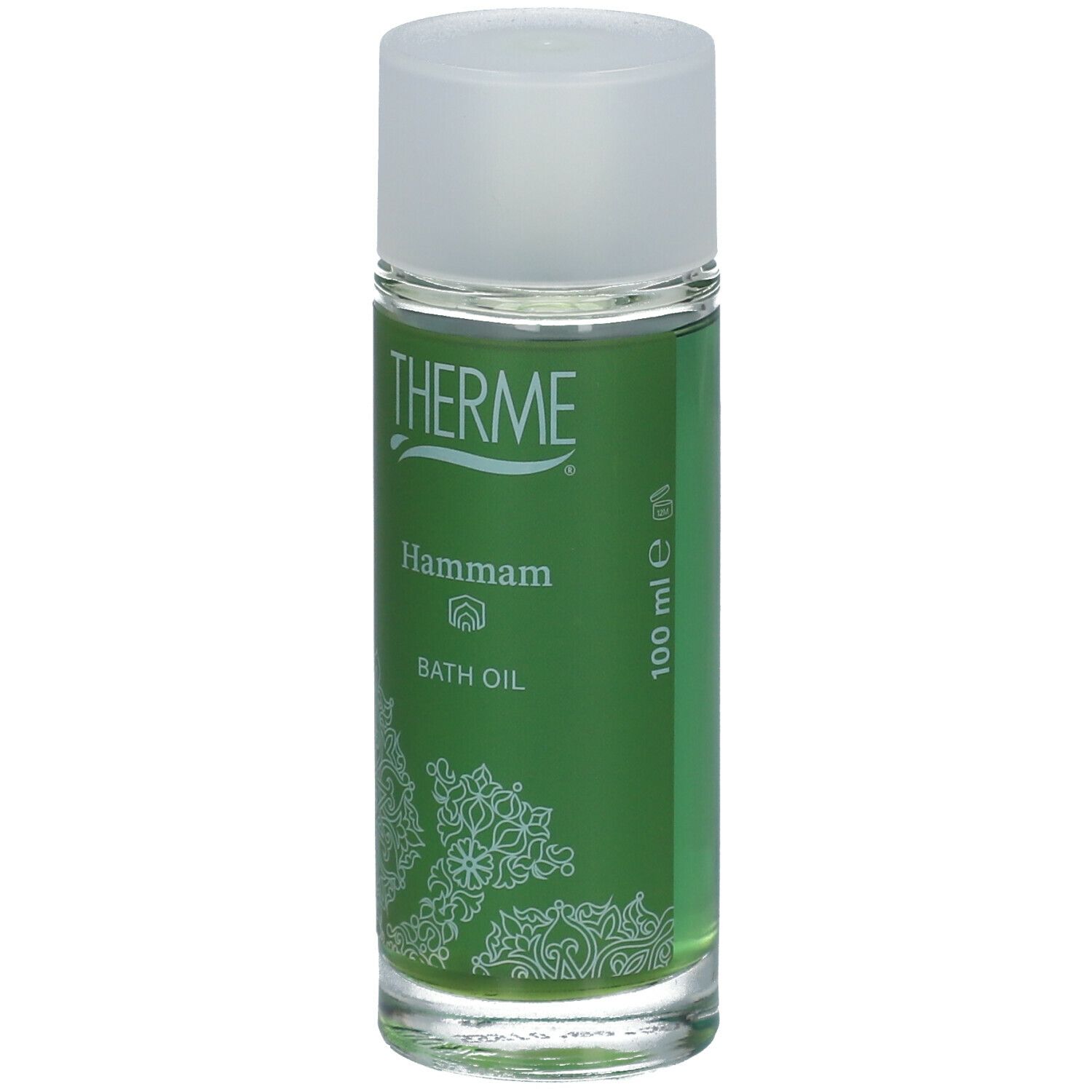 Groene vloeistof in cilindrische glazen fles met witte dop. Opschrift: THERME, Hammam Bath Oil, 100 ml.