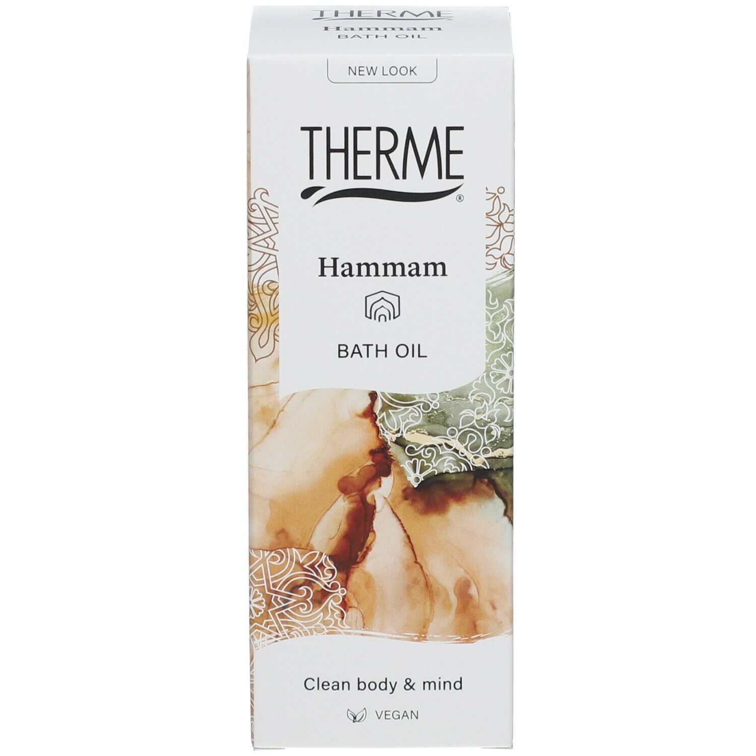 Productverpakking. Opschrift: THERME, Hammam Bath Oil. Tekst: Clean body & mind. Vegan.