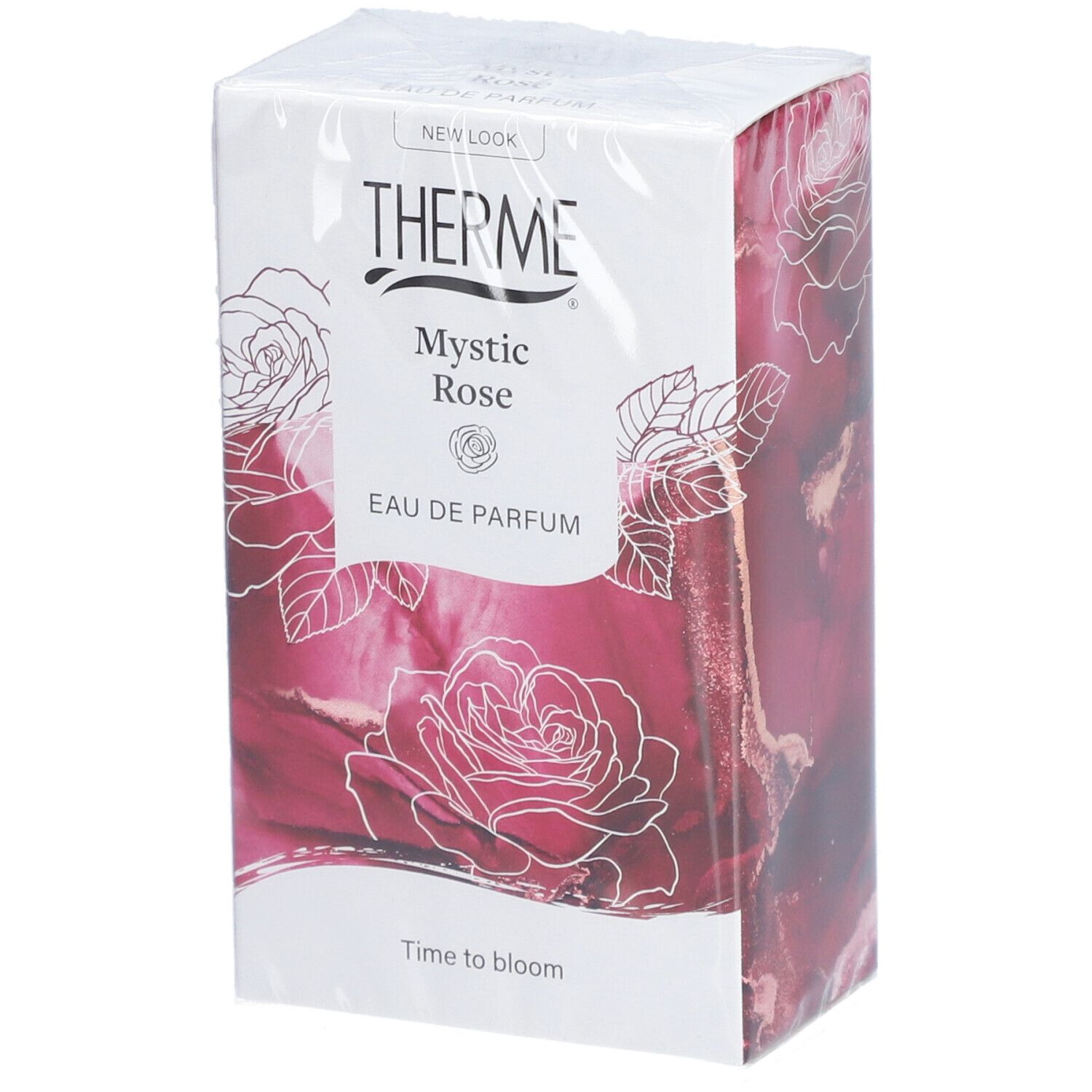 Verpakking THERME Mystic Rose Eau de Parfum. Rozenontwerp, witte tekst, transparante folie.