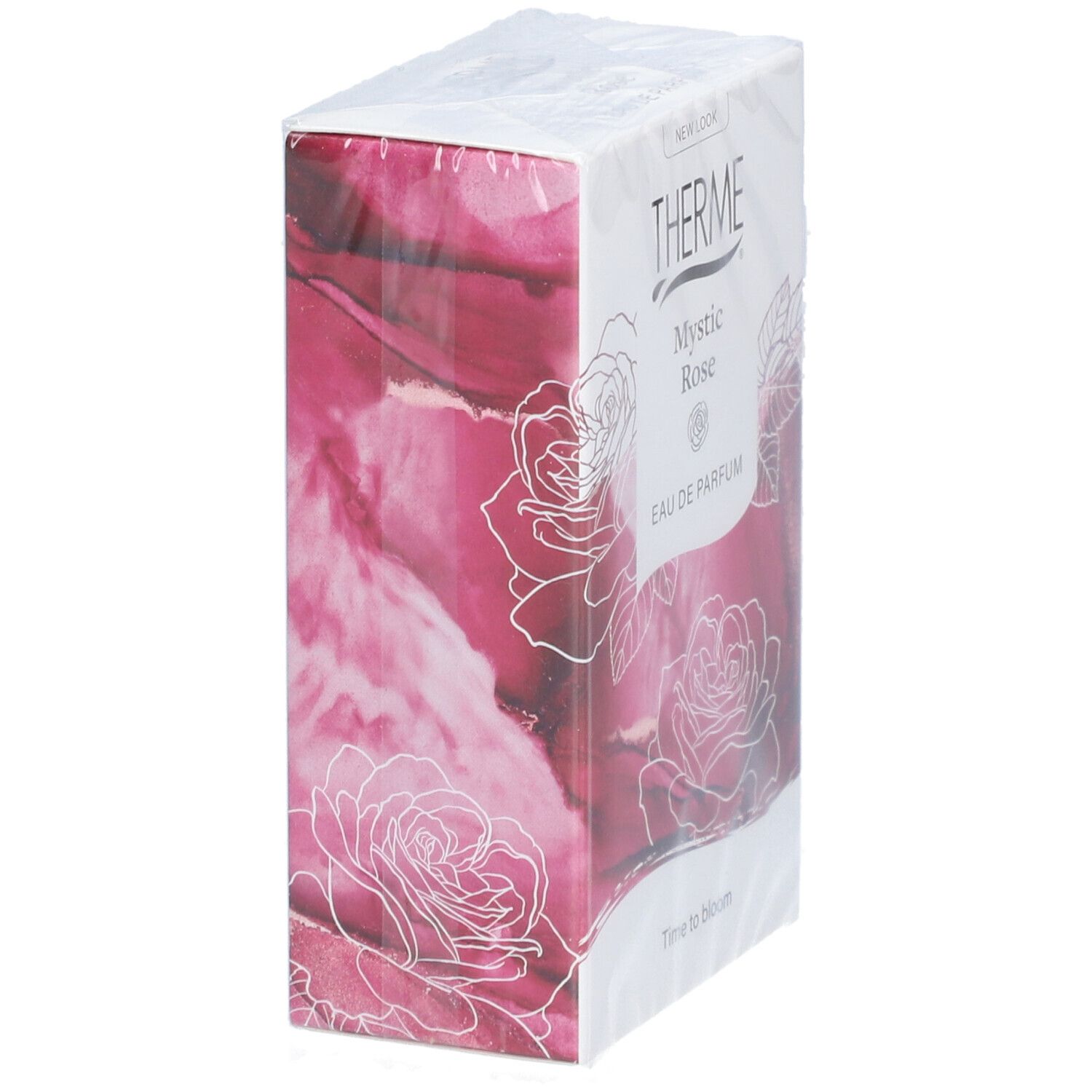 Schuine verpakking THERME Mystic Rose Eau de Parfum. Rozenontwerp, transparante folie.