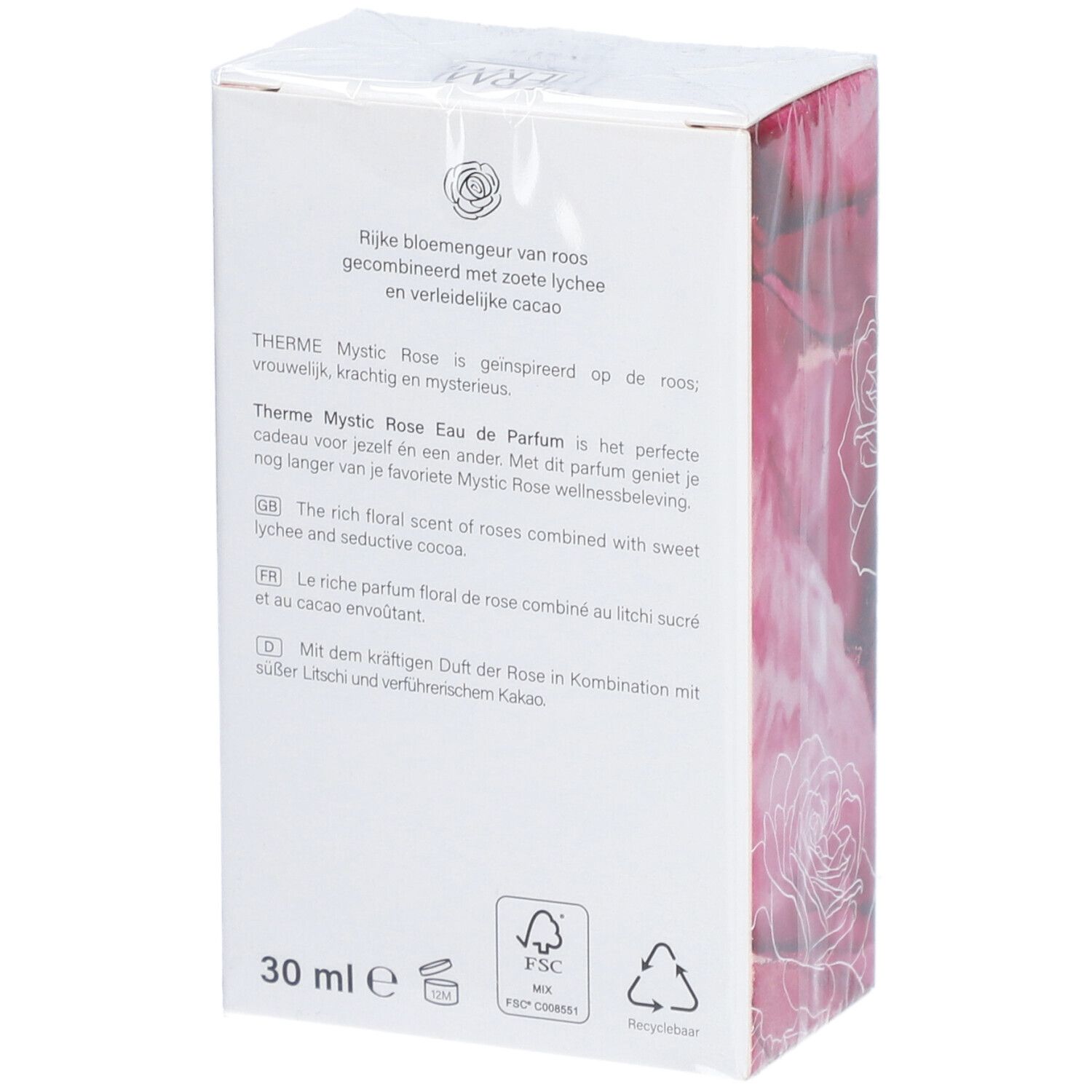 Achterkant van de verpakking met tekst. THERME Mystic Rose Eau de Parfum. FSC-logo, 30 ml, recyclingsymbolen.