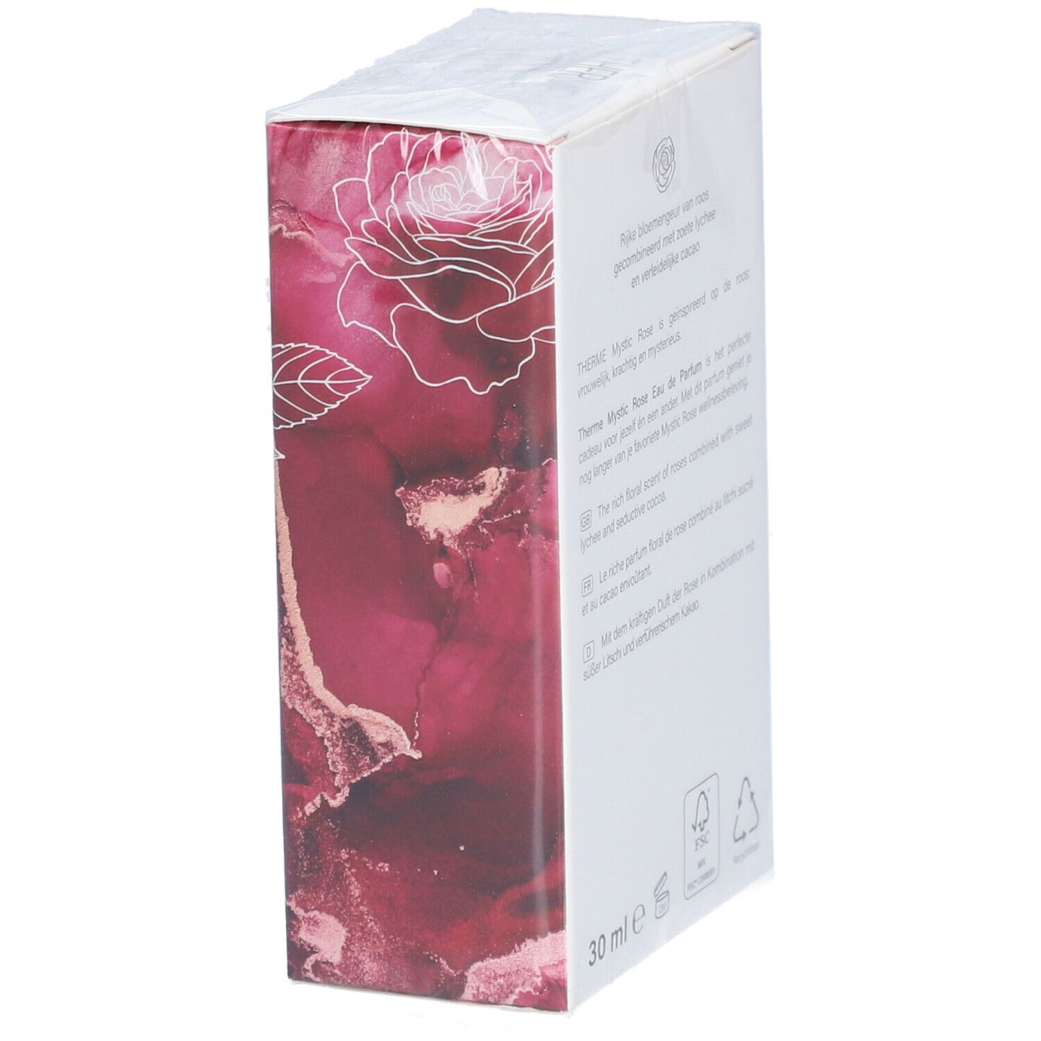 Schuine verpakking met tekst. THERME Mystic Rose Eau de Parfum. Rozenontwerp, transparante folie.