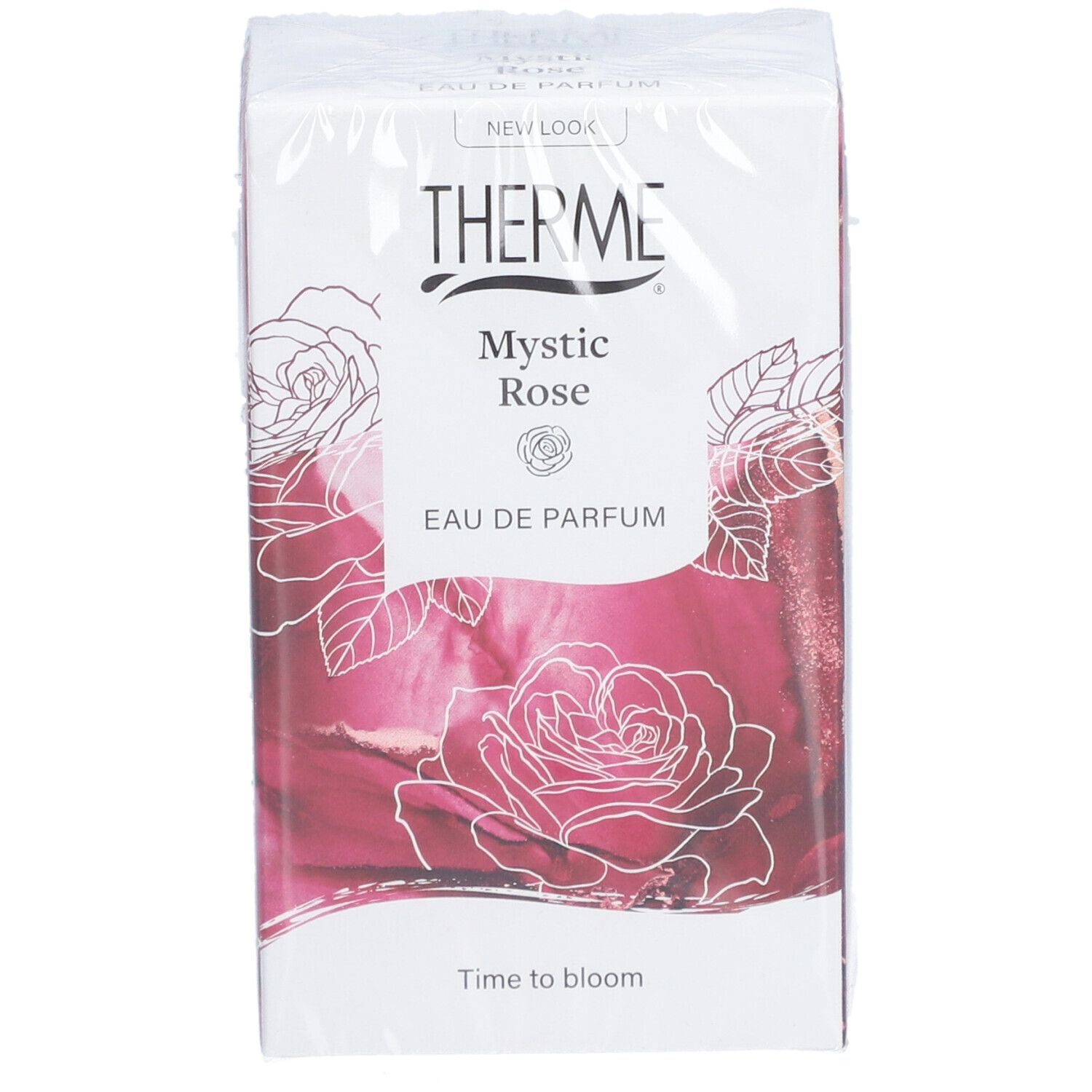 Verpakking THERME Mystic Rose Eau de Parfum. Rozenontwerp, witte tekst, transparante folie.