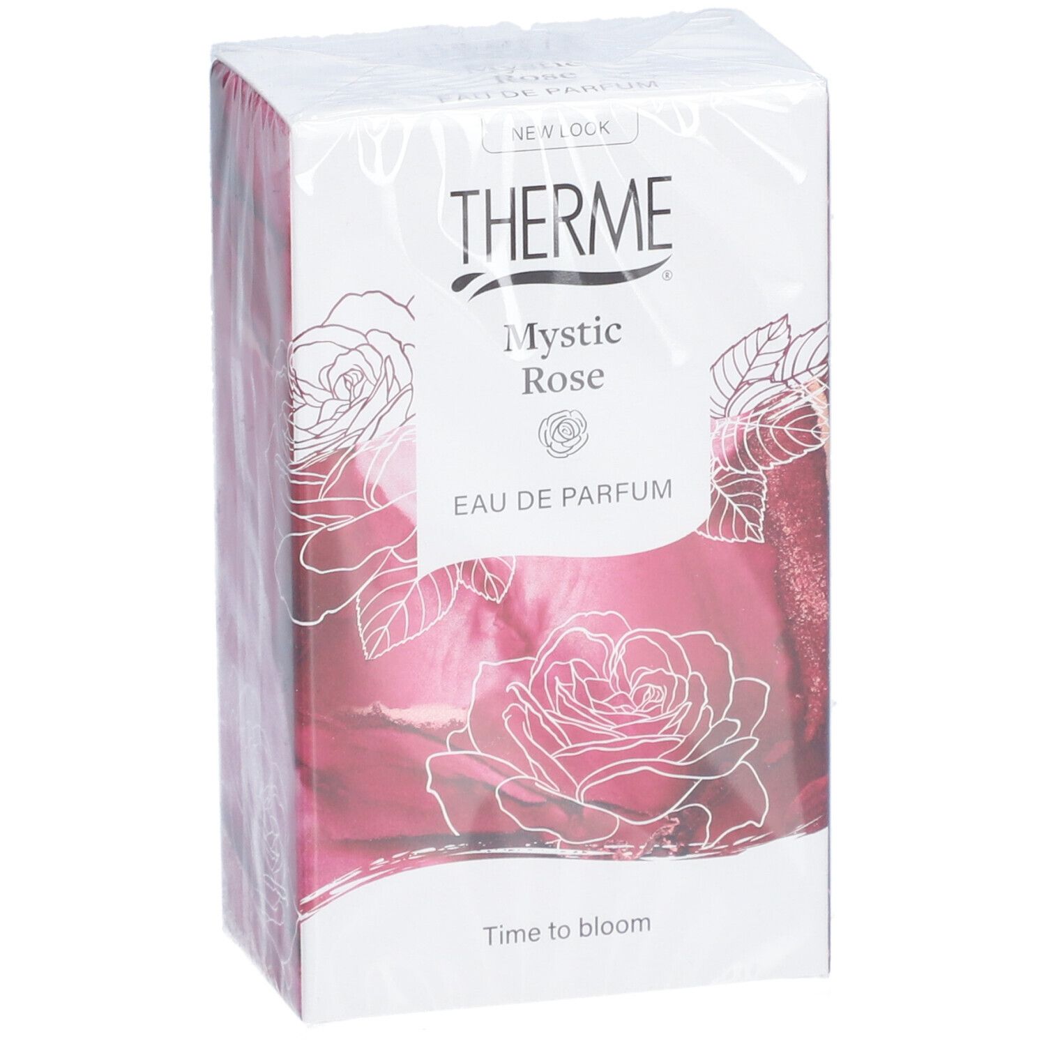 Schuine verpakking THERME Mystic Rose Eau de Parfum. Rozenontwerp, transparante folie.