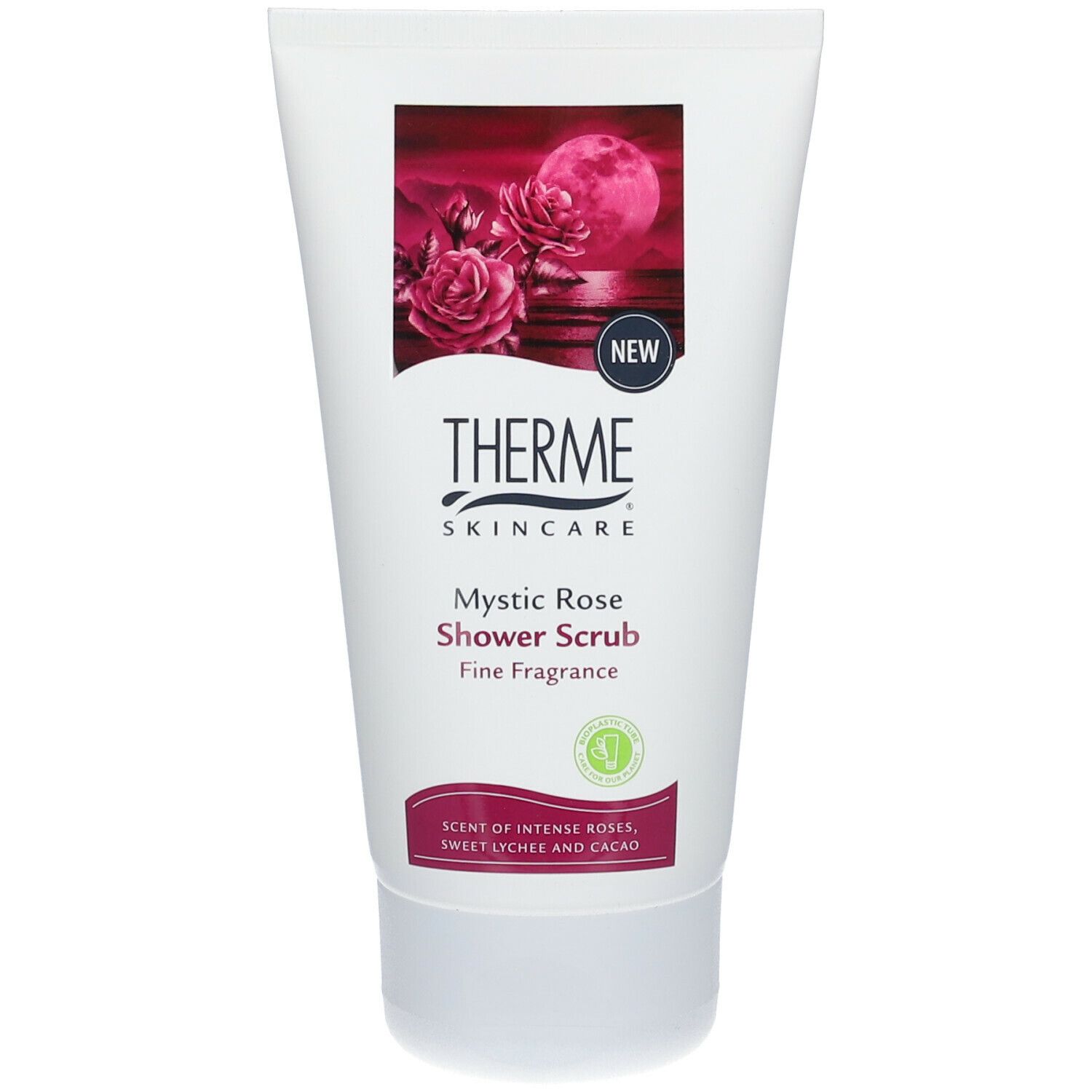 Witte tube THERME Mystic Rose Duschpeeling. Afbeelding: rozen, maan, logo, tekst. Label: "NEW".