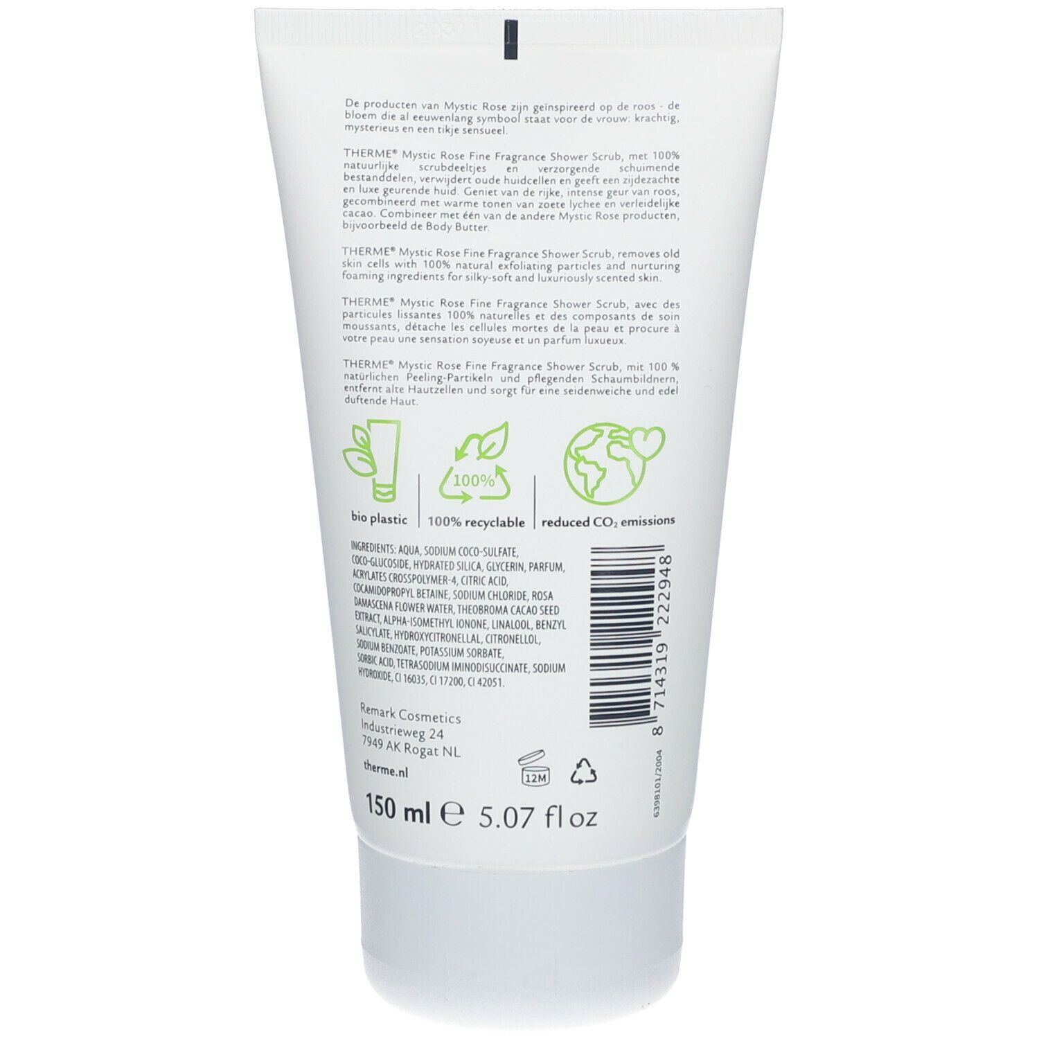 Achterkant tube THERME Mystic Rose Duschpeeling. Tekst, logo's, ingrediënten, labels: "100% recyclebaar", "verminderde CO2-uitstoot".