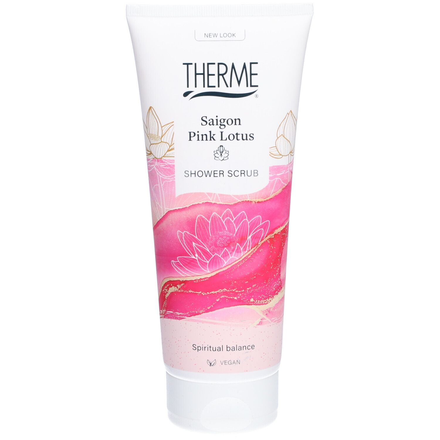 Wit-roze tube met THERME-logo en tekst "Saigon Pink Lotus". Illustratie van een lotusbloem. "Shower Scrub".