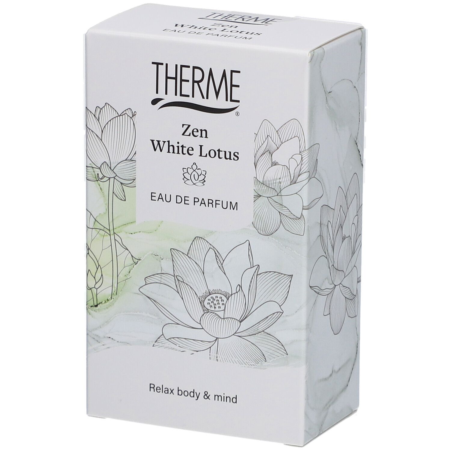 Boîte blanche Therme Zen White Lotus Eau de Parfum. Illustrations de fleurs de lotus. Texte: THERME, Zen White Lotus, Eau de Parfum.